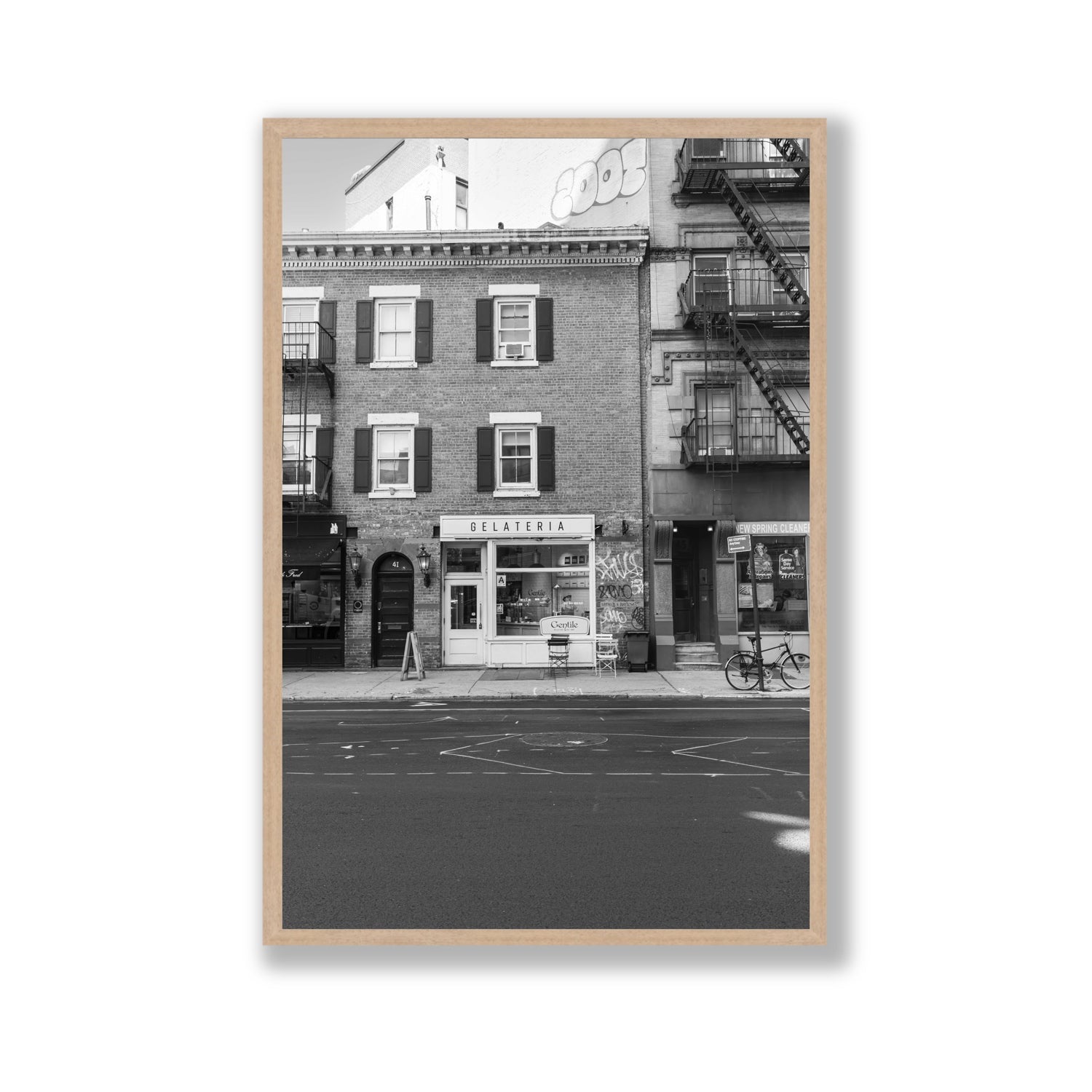 Gelateria New York NYC Black & White wall art Gallery full-bleed fine art print in natural oak frame