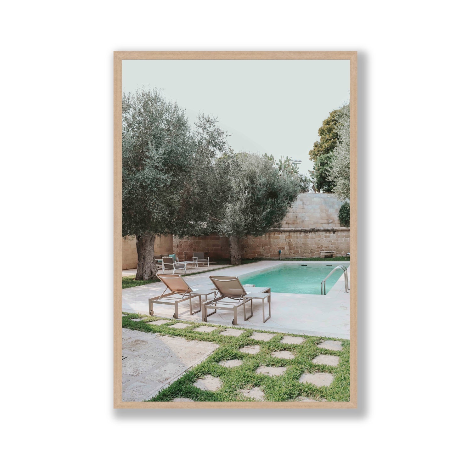Olive Oasis Puglia Mediterranean wall art Gallery full-bleed fine art print in natural oak frame