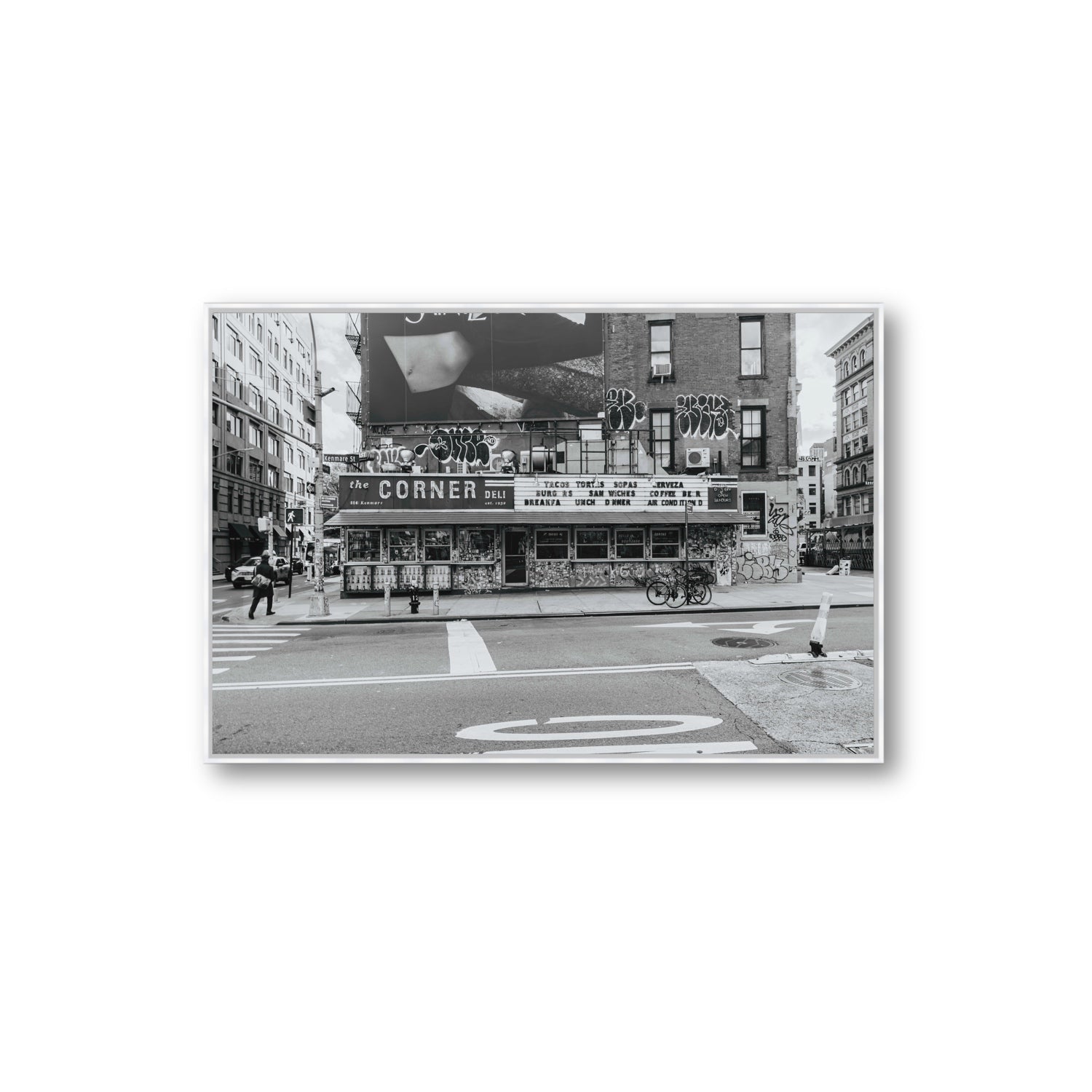 Kenmare Street New York NYC Black & White wall art Extra Large fine art canvas in white float frame