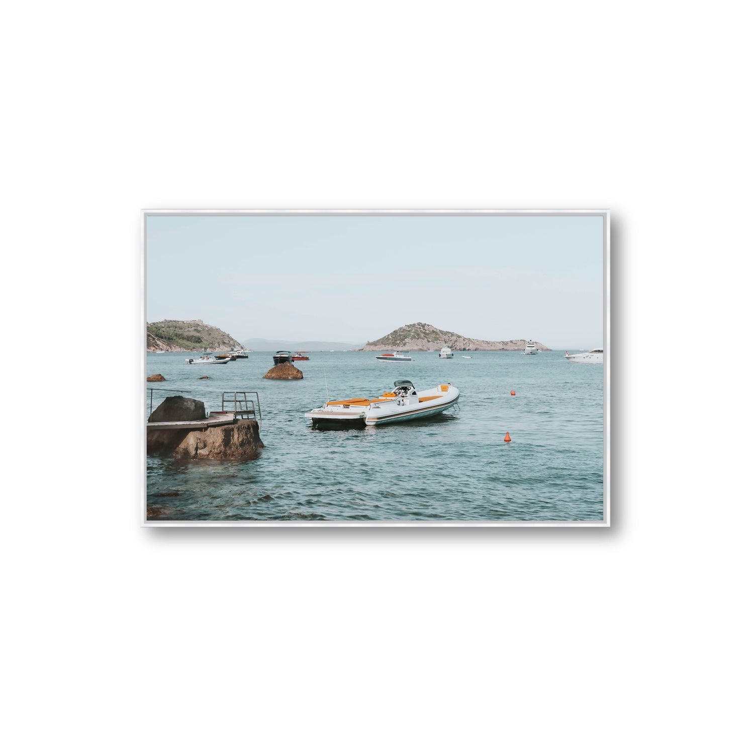 The Azure Sea Tuscany coastal Italian wall art Extra Large fine art canvas in white float frame