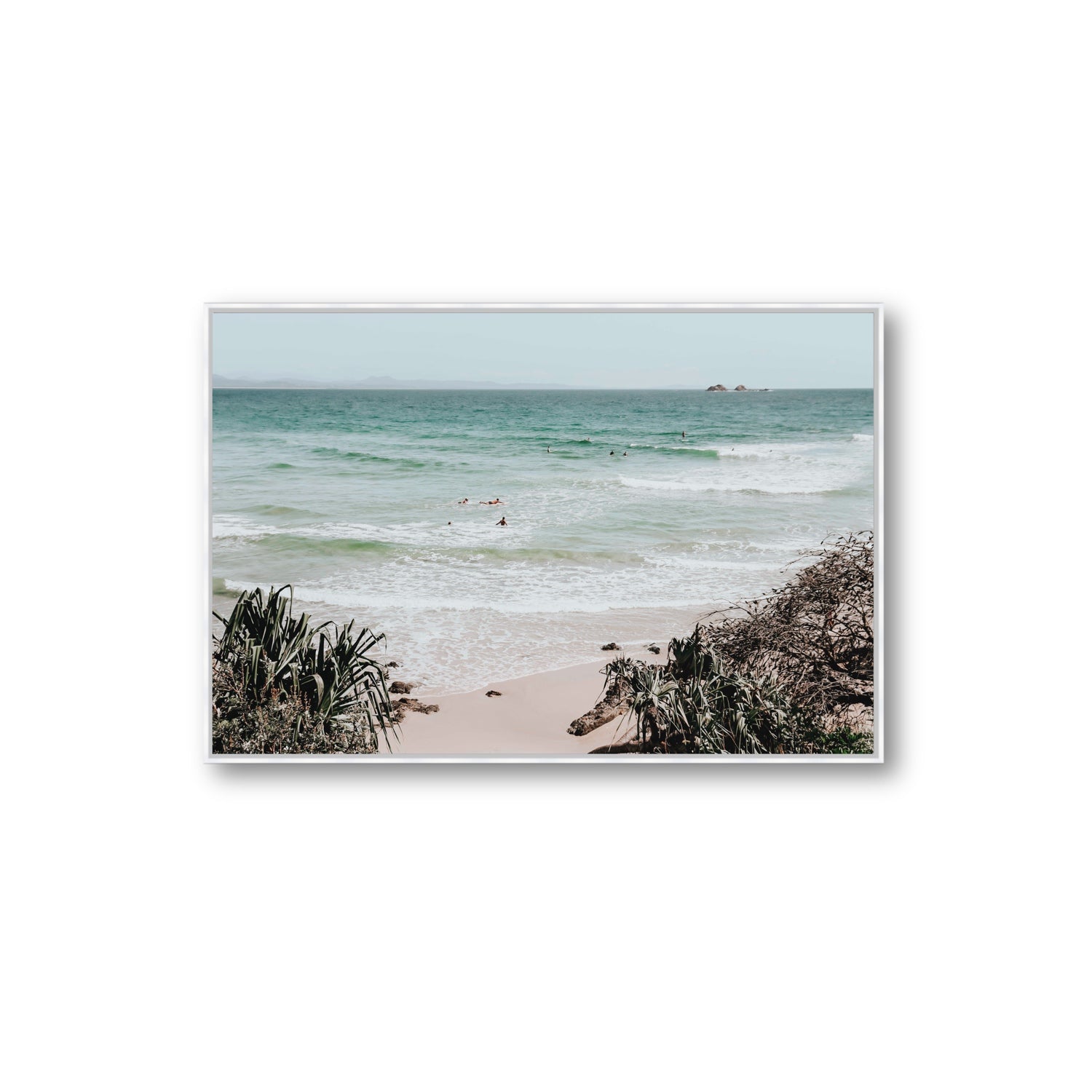 Surf City Byron Bay Surf coastal wall art Extra Large fine art canvas in white float frame