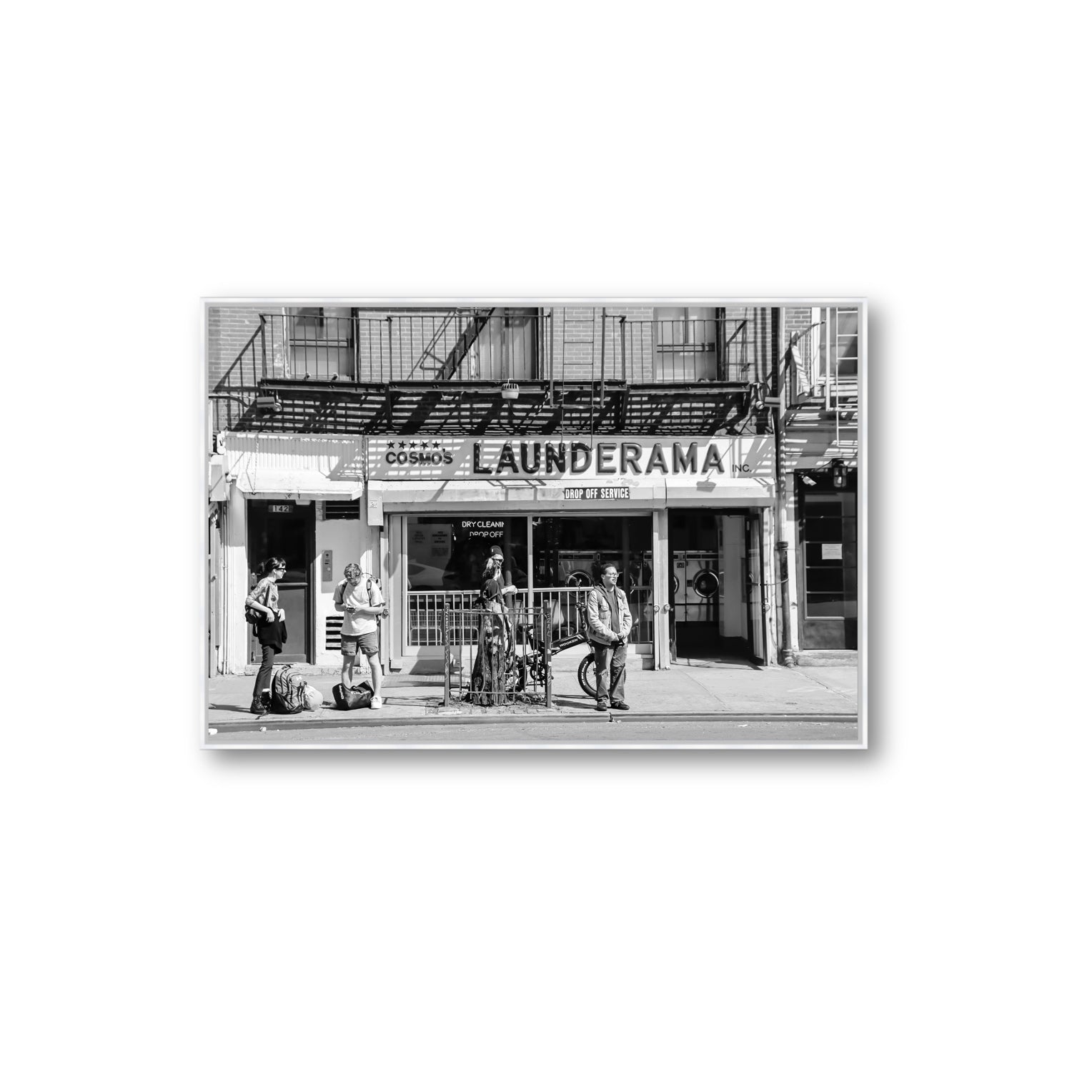 Launderama New York NYC Black & White wall art Extra Large fine art canvas in white float frame