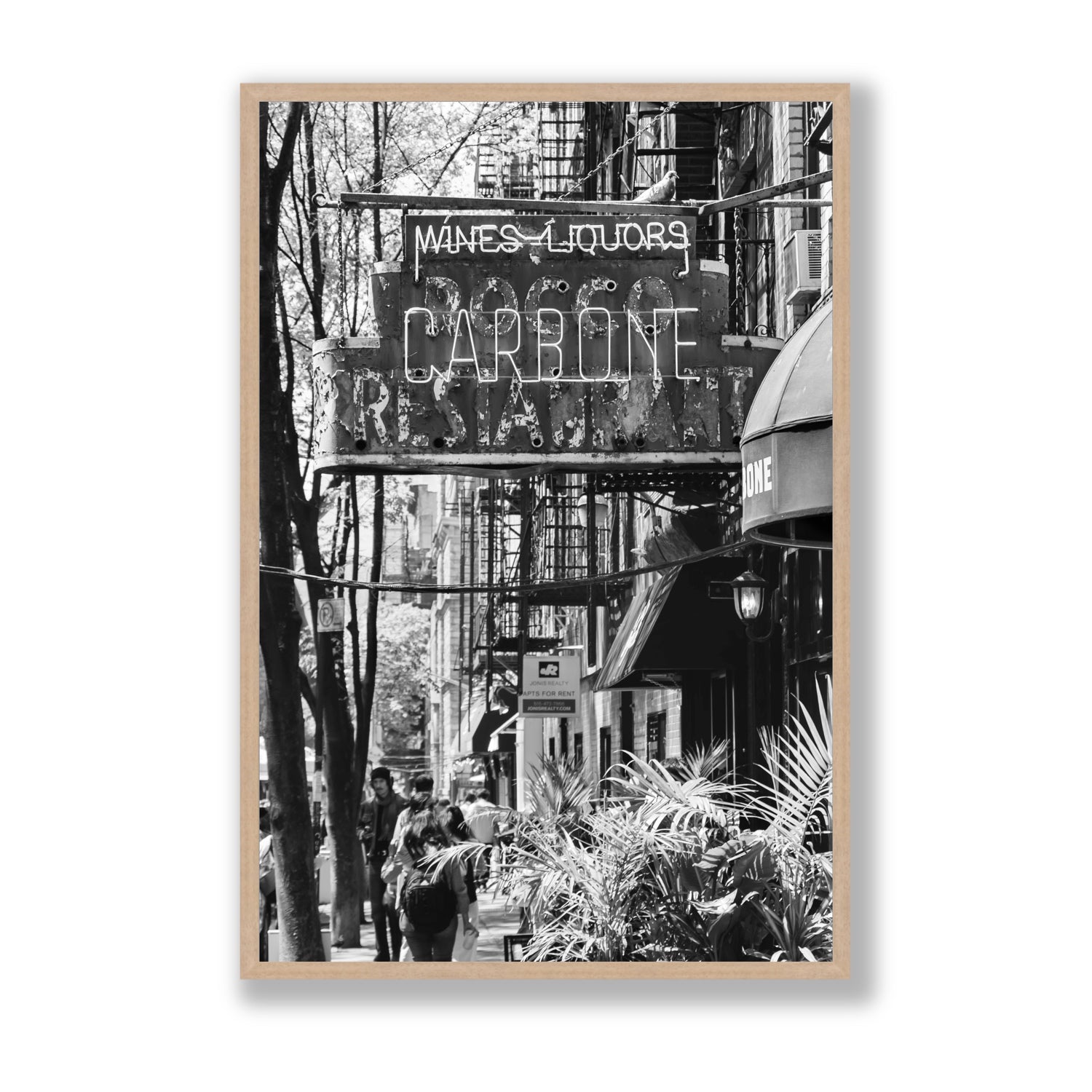 Paparazzi To Pasta New York NYC Black & White wall art Statement full-bleed fine art print in natural oak frame