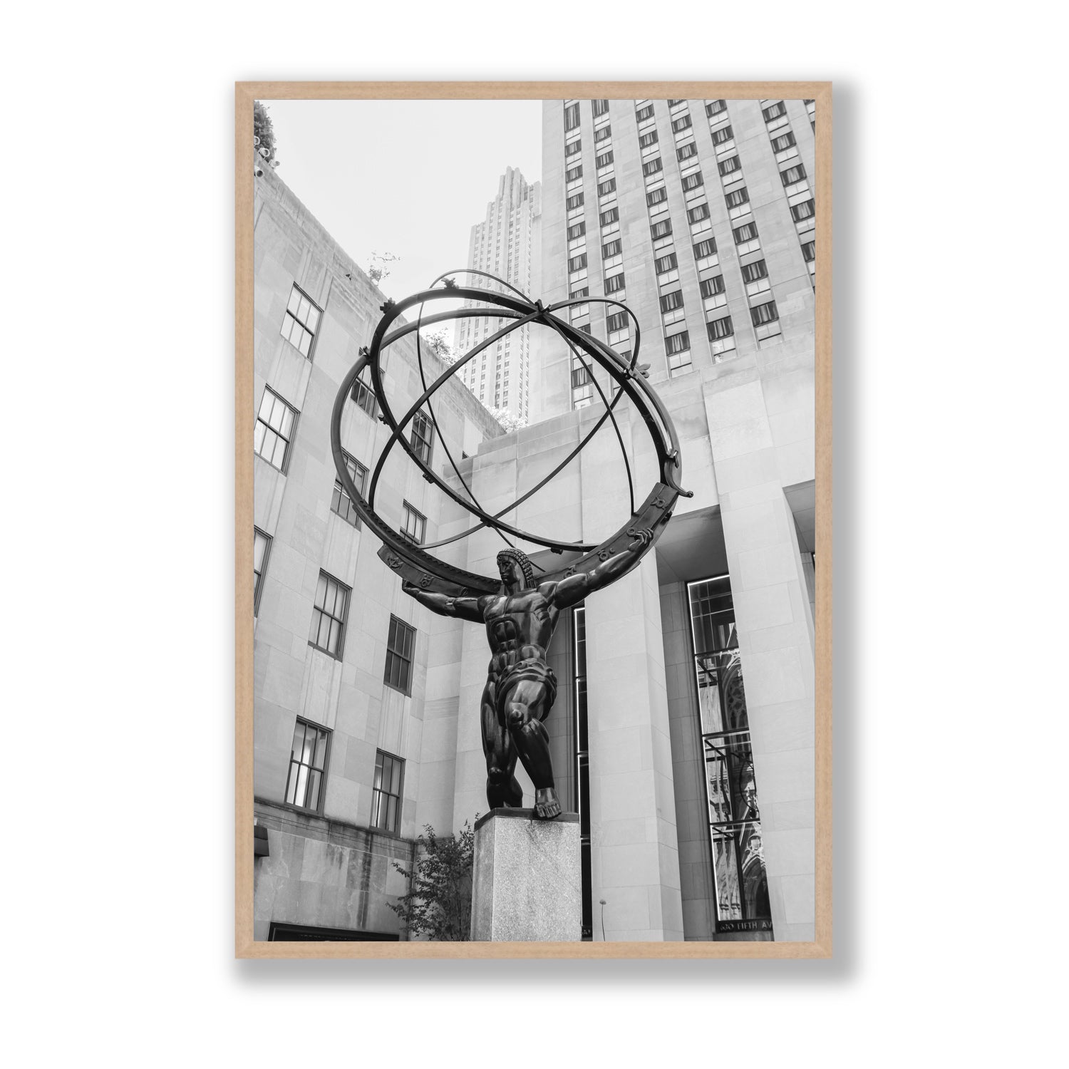 Atlas Ascends New York NYC Black & White wall art Statement full-bleed fine art print in natural oak frame