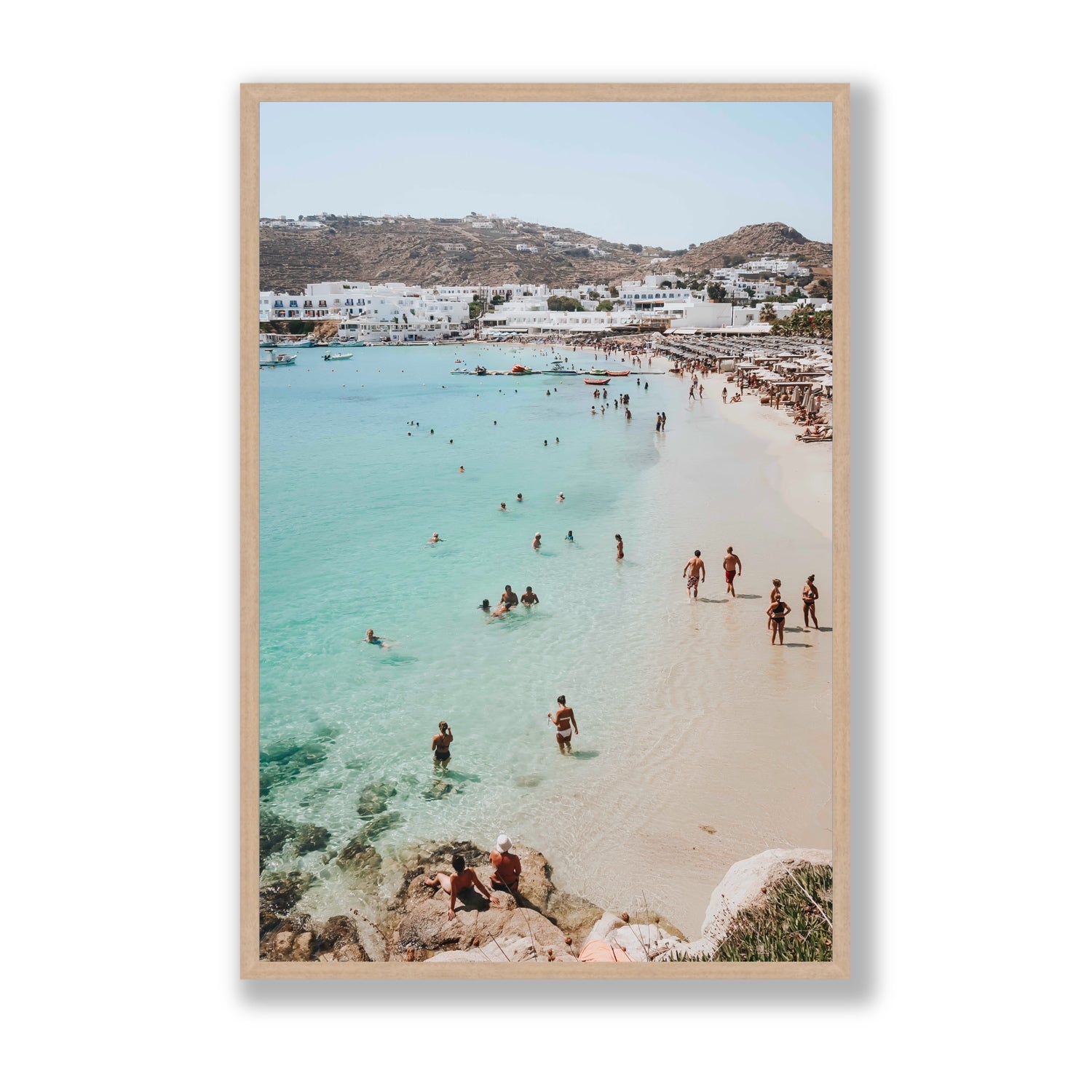 Breathe In The Salty Air Mykonos Greek island wall art Statement full-bleed fine art print in natural oak frame