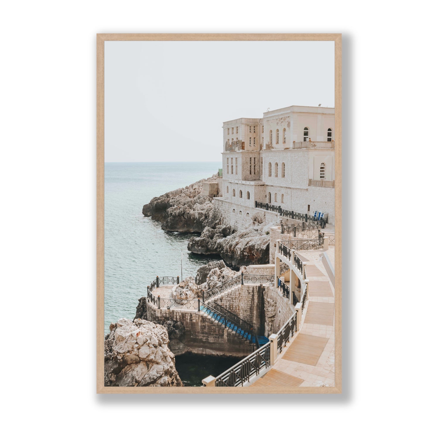 Santa Cesarea Puglia Italian coastal wall art Statement full-bleed fine art print in natural oak frame