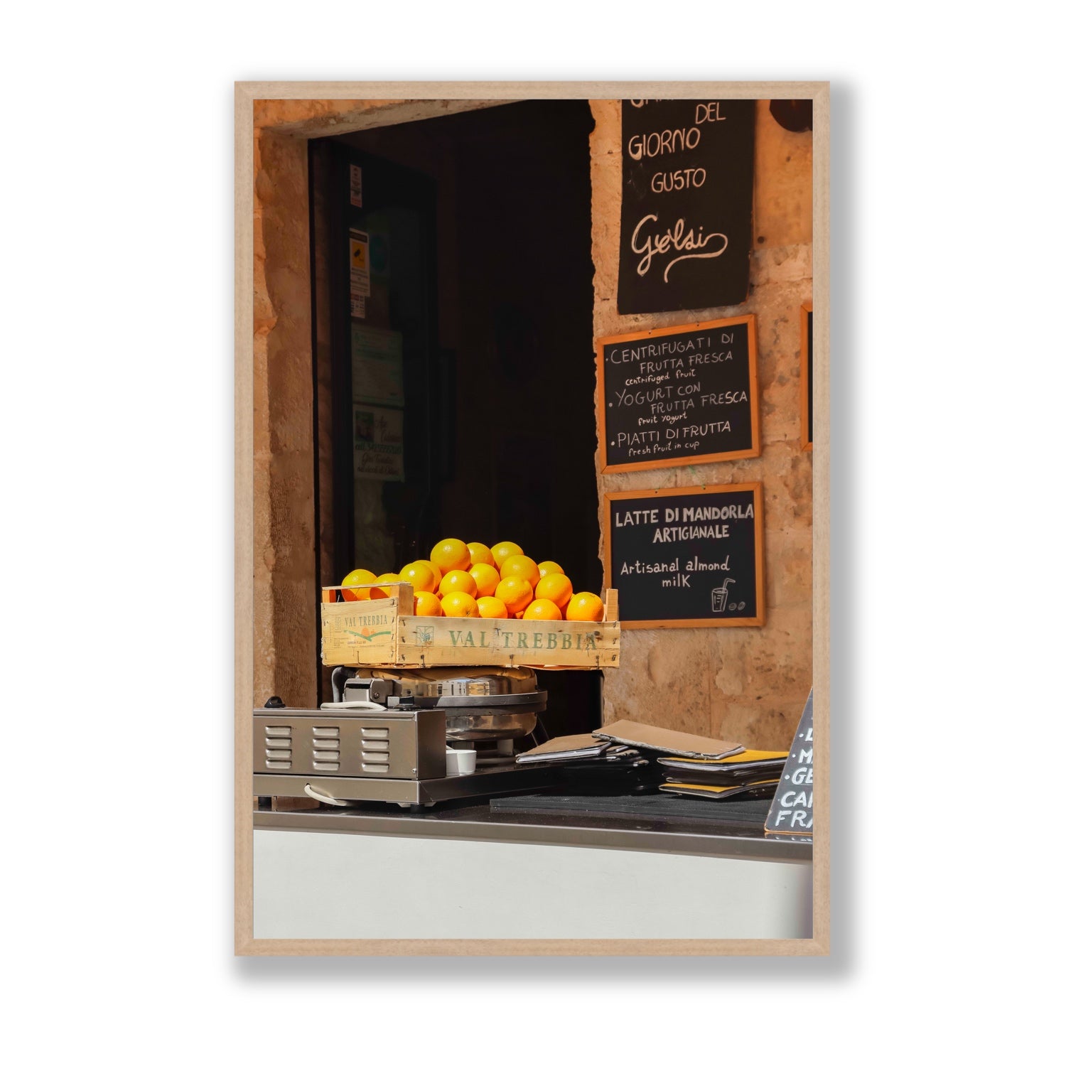 Luminous Citrus Puglia Ostuni Italian wall art Statement full-bleed fine art print in natural oak frame