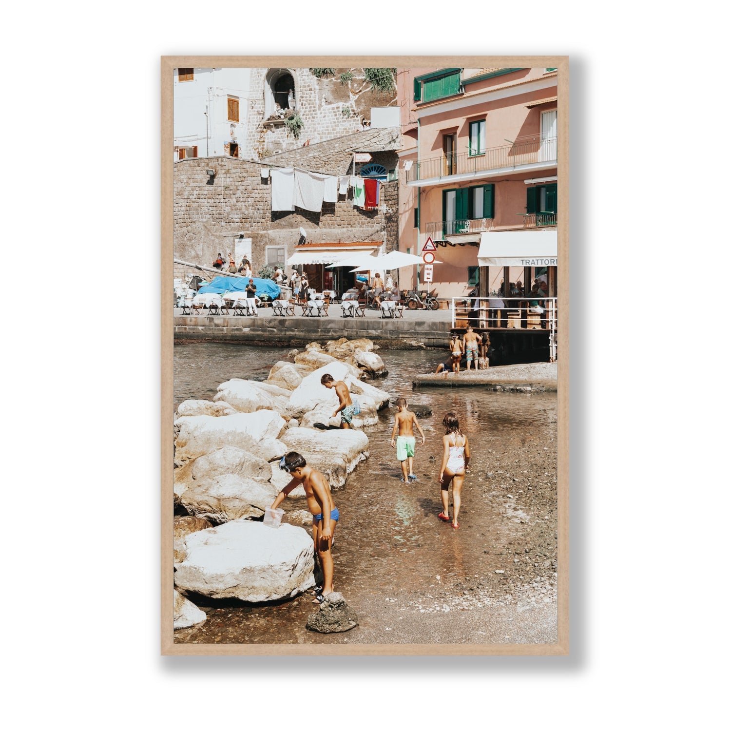 The Beachcombers Sorrento beach coastal wall art Statement full-bleed fine art print in natural oak frame