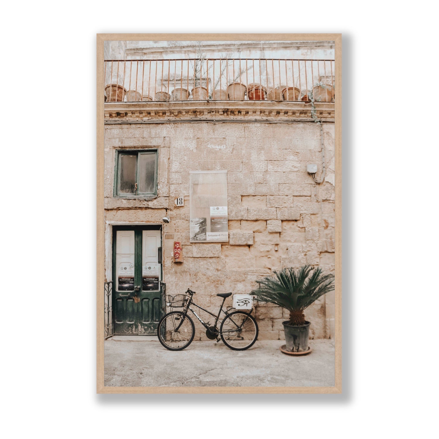 Golden Facades Puglia Lecce Italian wall art Statement full-bleed fine art print in natural oak frame