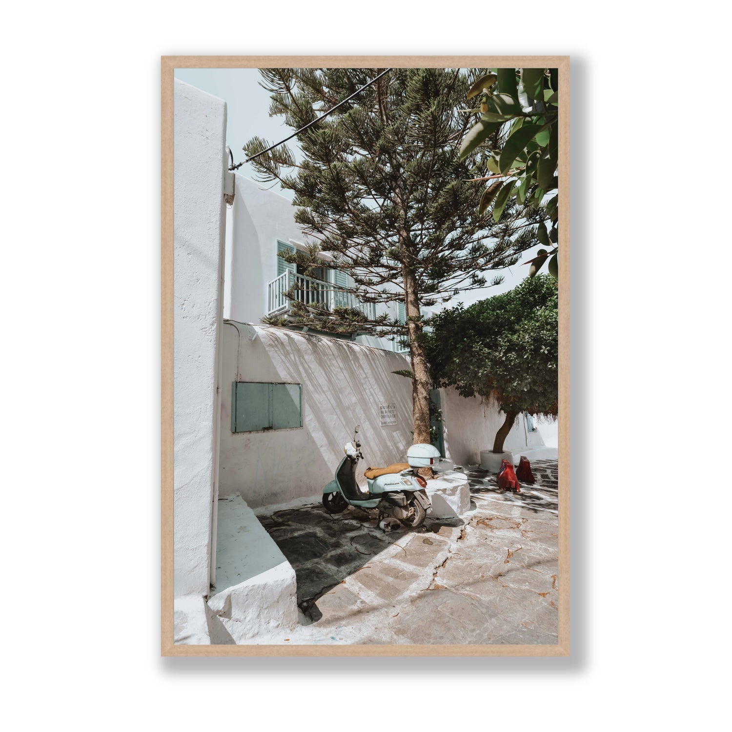The Getaway Mykonos Mediterranean Greek island art print Statement full-bleed fine art print in natural oak frame