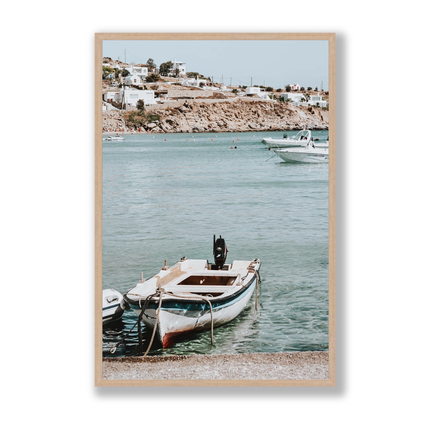 Classic Wheels Mykonos Greek island wall art Statement full-bleed fine art print in natural oak frame