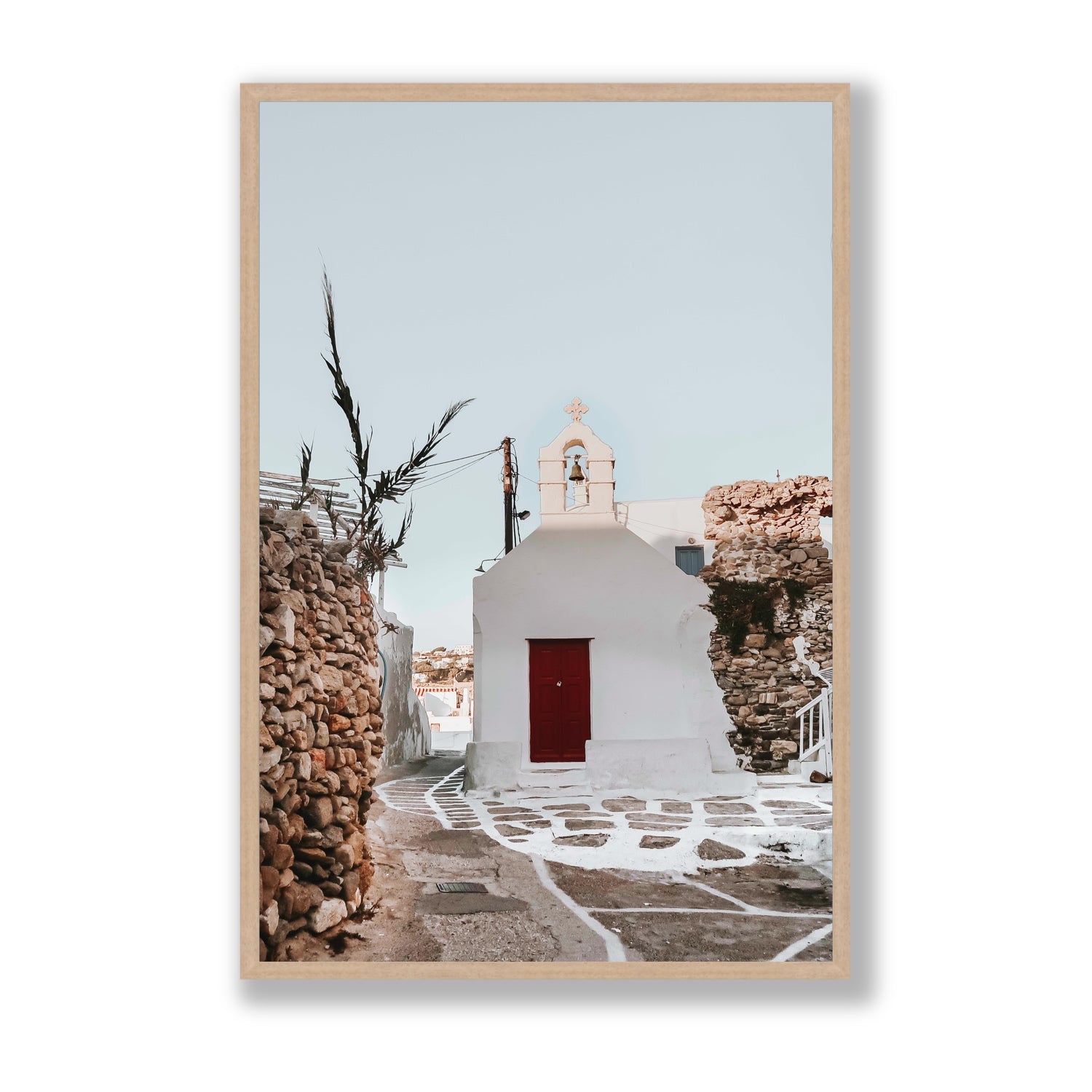Little Chapel Mykonos Greek island wall art Statement full-bleed fine art print in natural oak frame