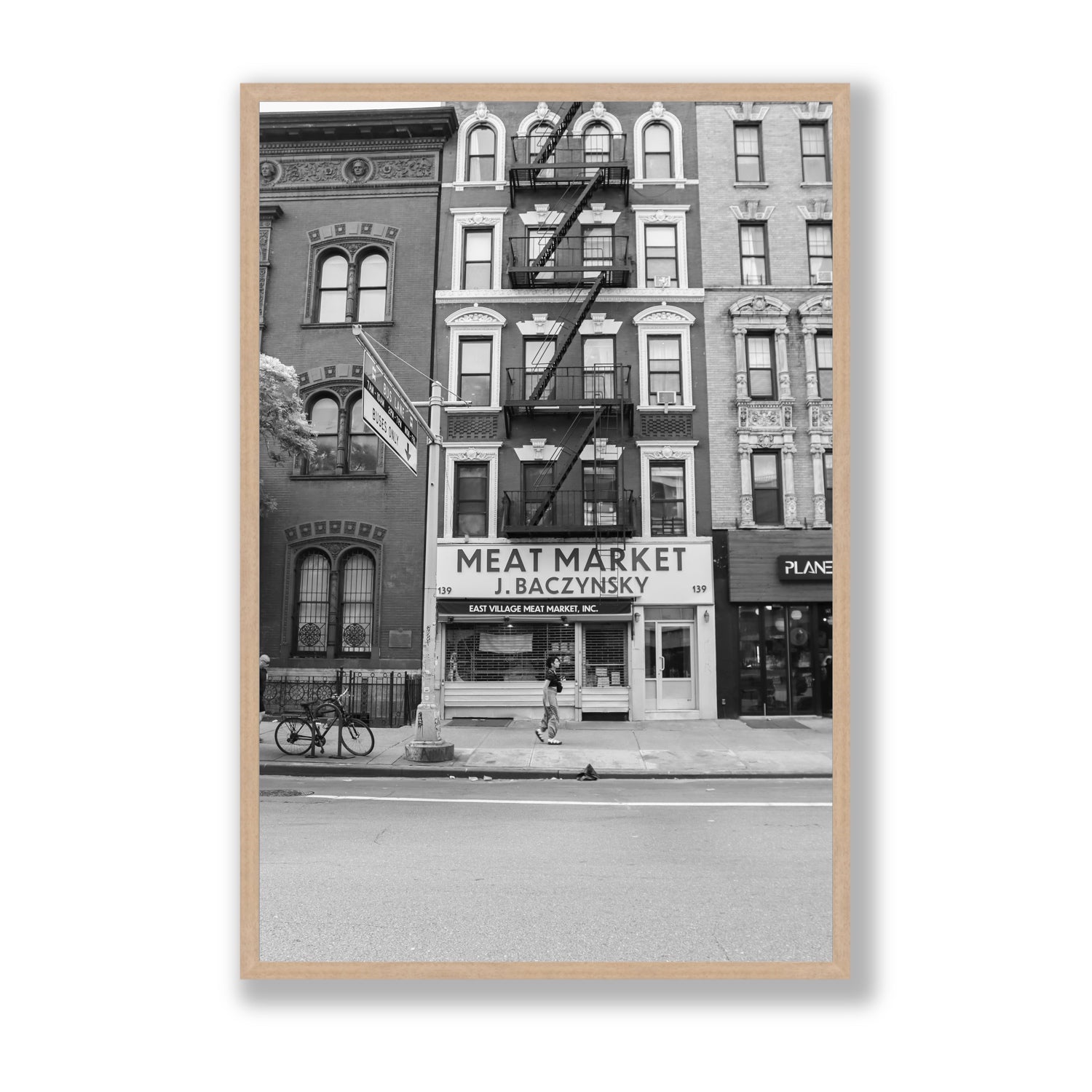 Vertical Village New York NYC Black & White wall art Statement full-bleed fine art print in natural oak frame