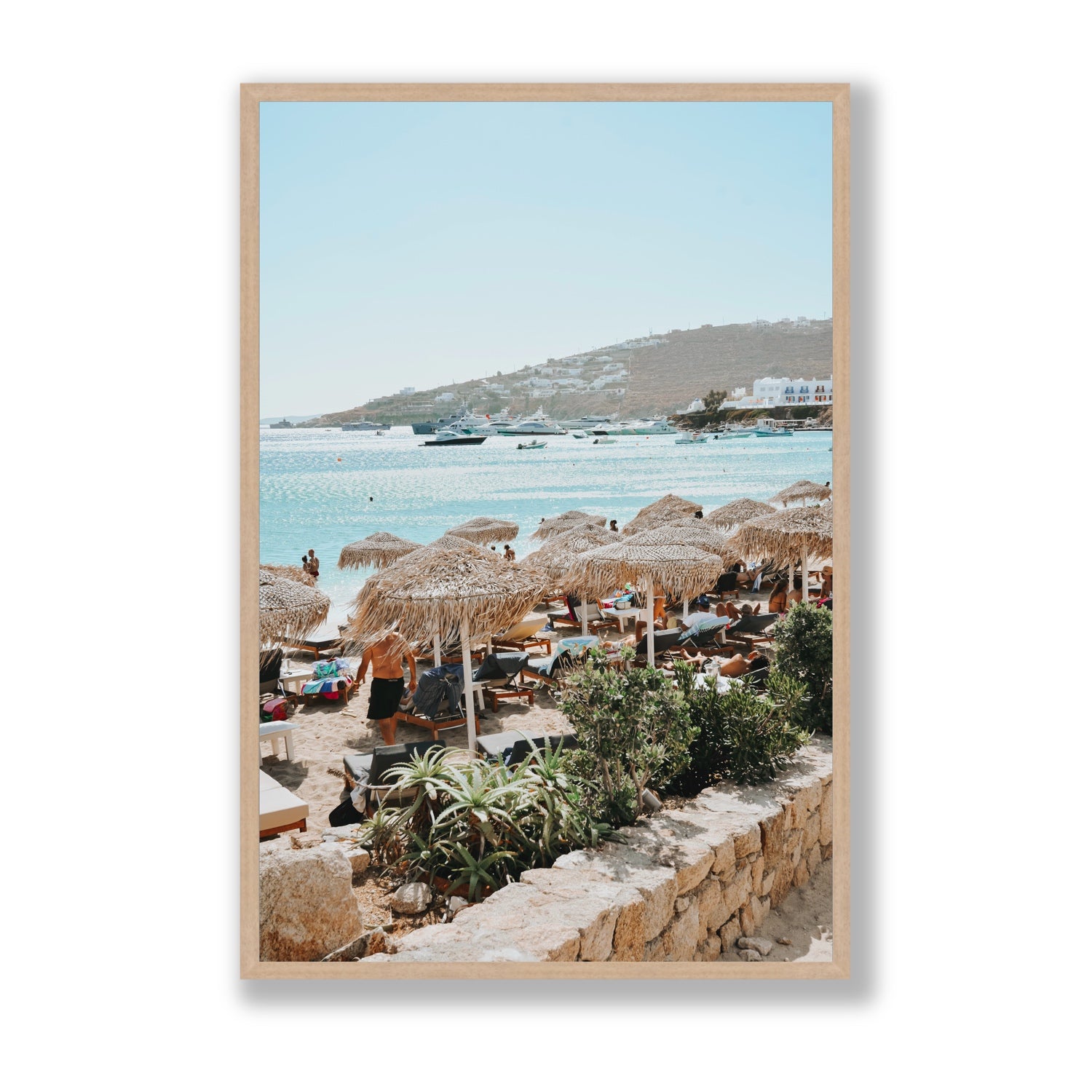 Beachside Huts Mykonos Greek island wall art Statement full-bleed fine art print in natural oak frame