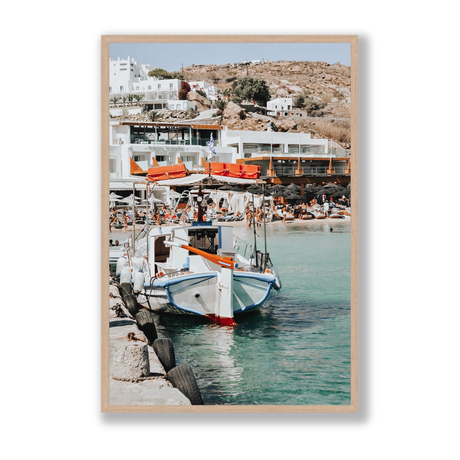 Travel In Style Mykonos Greek island wall art Statement full-bleed fine art print in natural oak frame