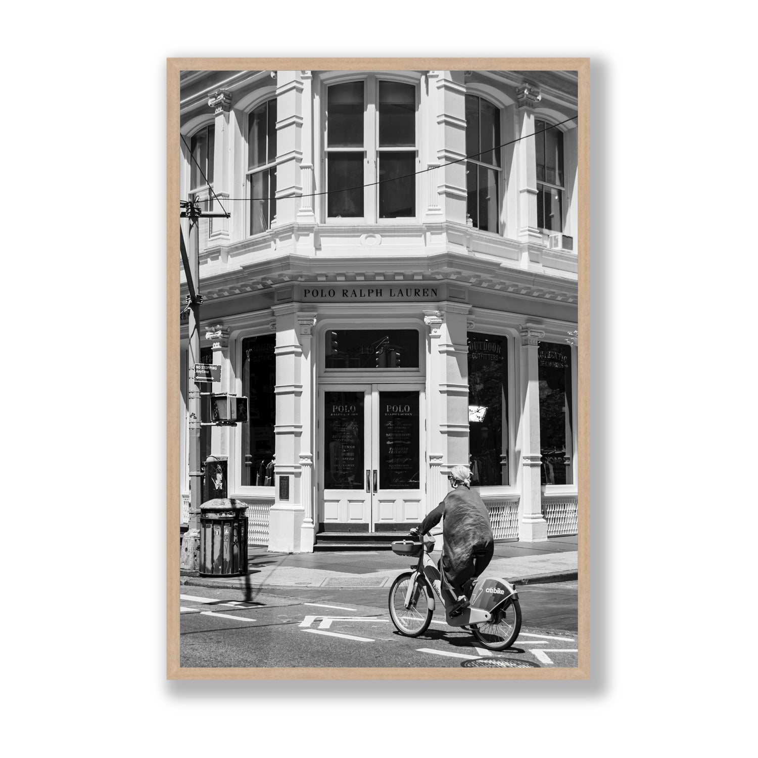 Downtown Rider New York NYC Black & White wall art Statement full-bleed fine art print in natural oak frame