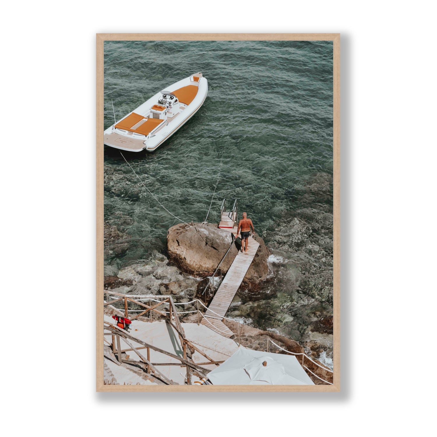 Secret Cove Tuscany coastal Italian wall art Statement full-bleed fine art print in natural oak frame