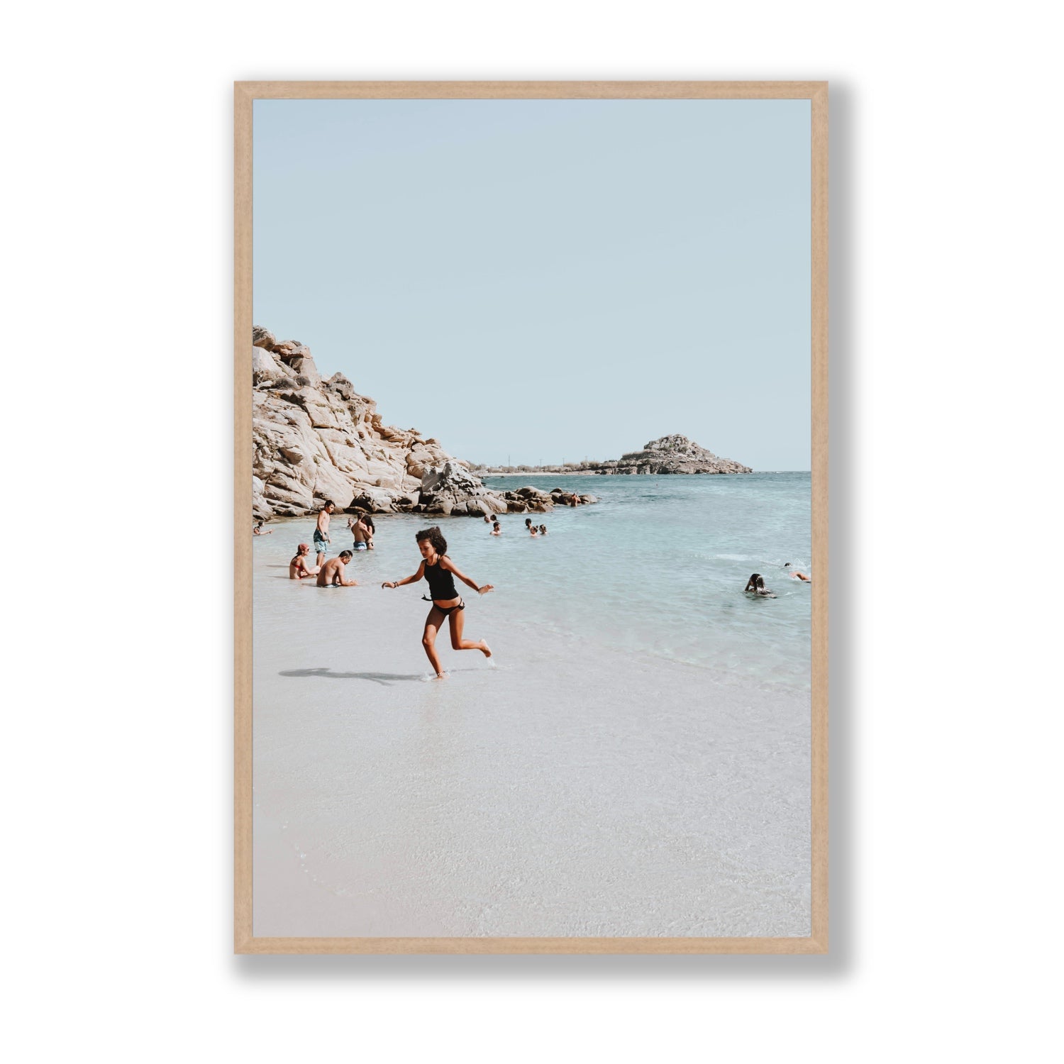 Skipping Angel Mykonos Greek island decor wall art Statement full-bleed fine art print in natural oak frame