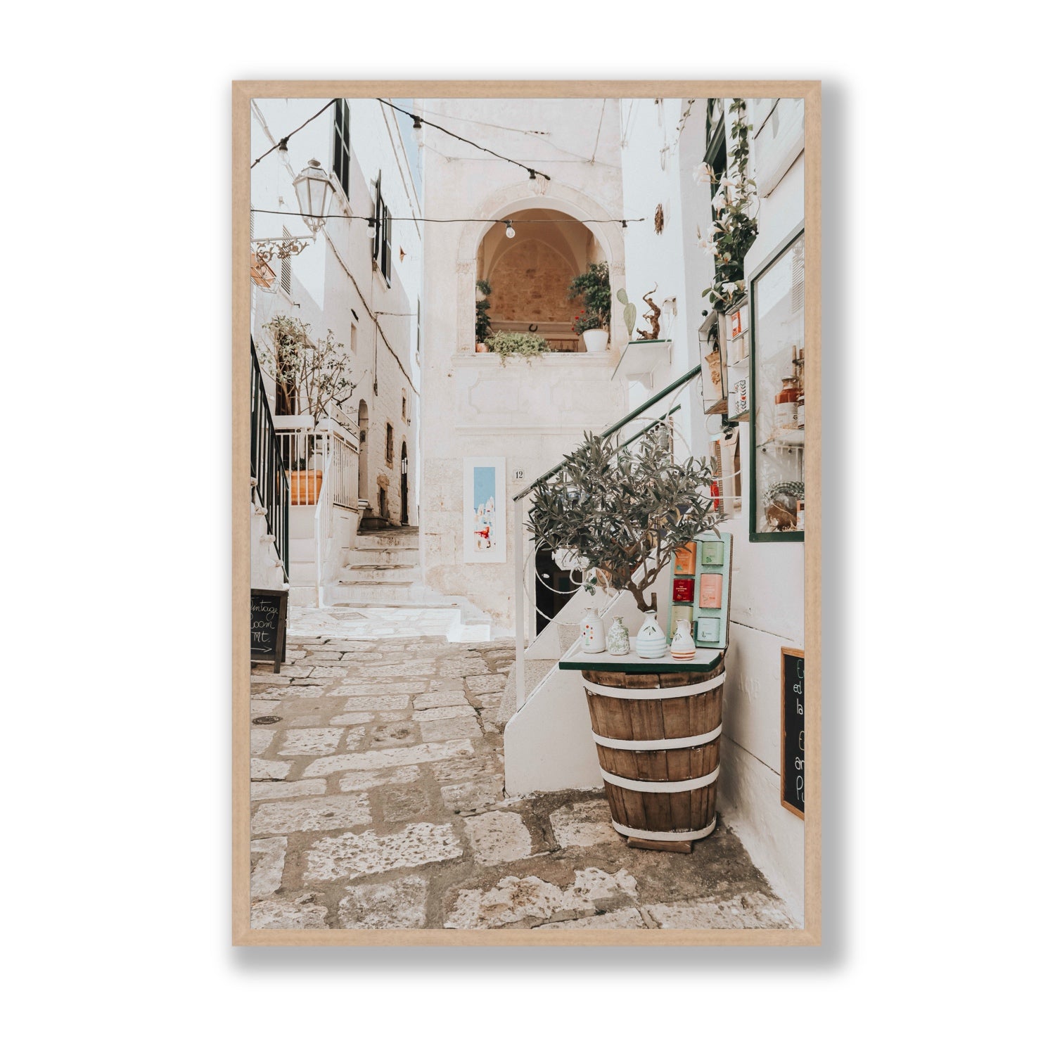 Olive Tree Lane Puglia Ostuni Mediterranean decor wall art Statement full-bleed fine art print in natural oak frame