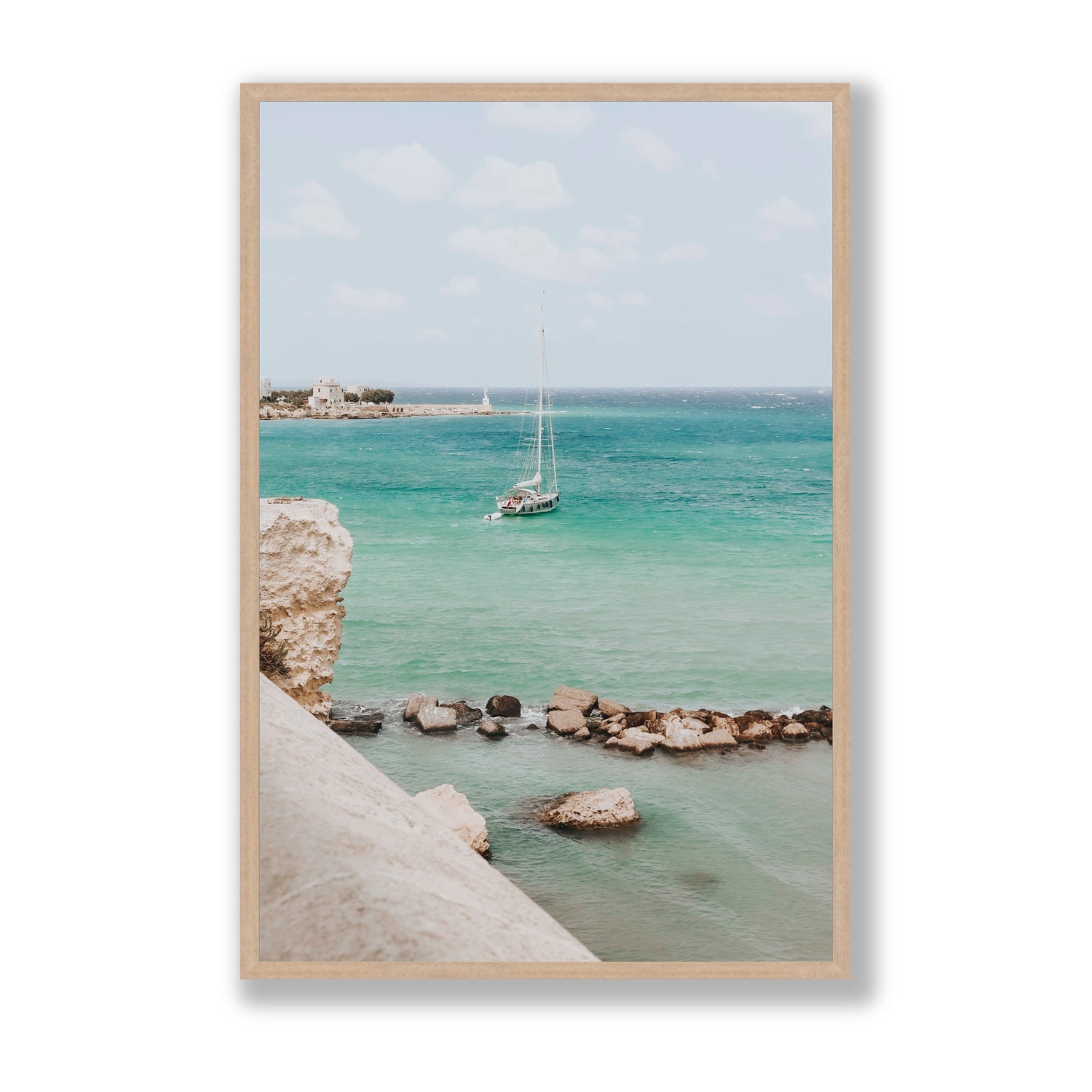 Seafarer's Dream Puglia Seafarer’s Dream coastal wall art Statement full-bleed fine art print in natural oak frame