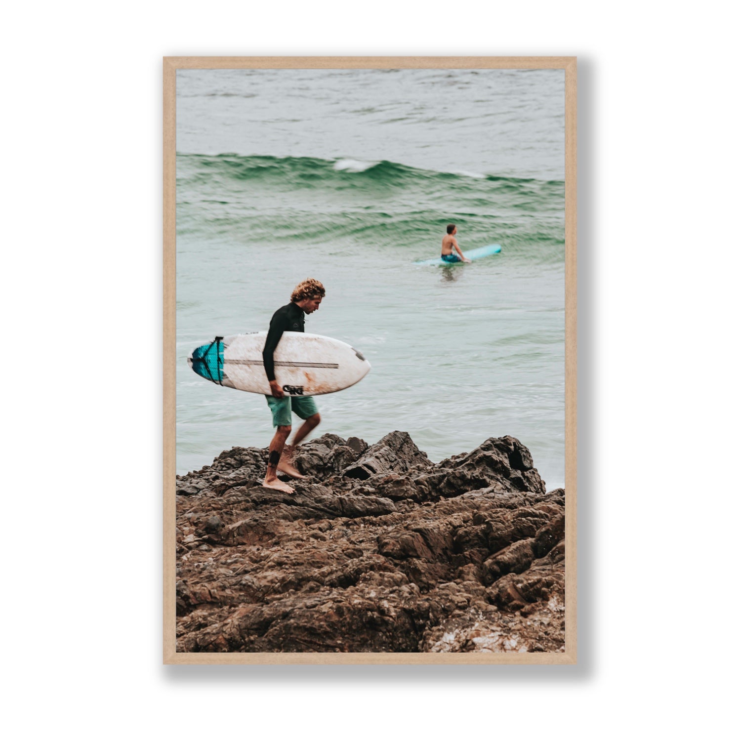 Not All Who Wander Are Lost Byron Bay Surf wall art Statement full-bleed fine art print in natural oak frame