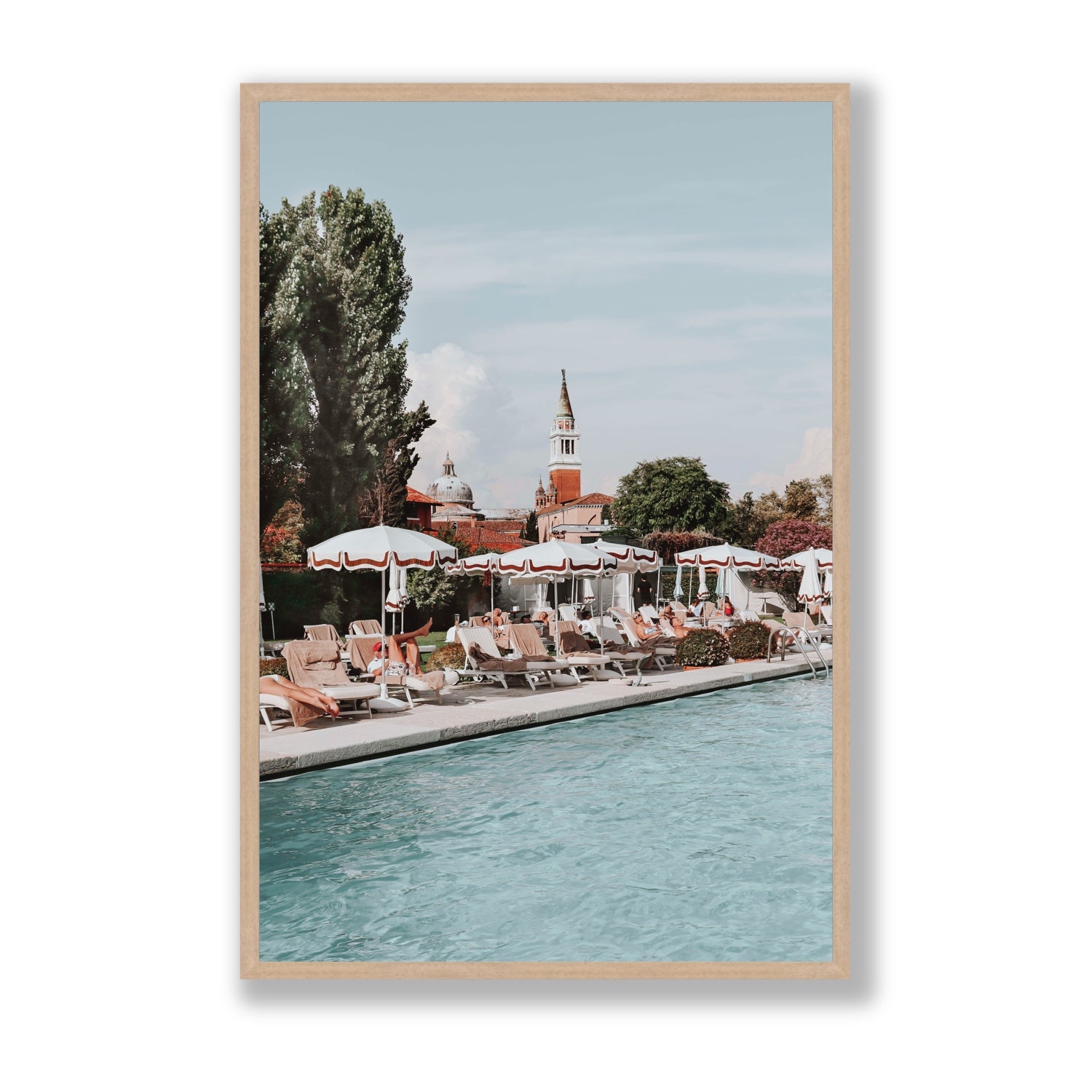 Poolside Perch Venice Italian wall art Statement full-bleed fine art print in natural oak frame