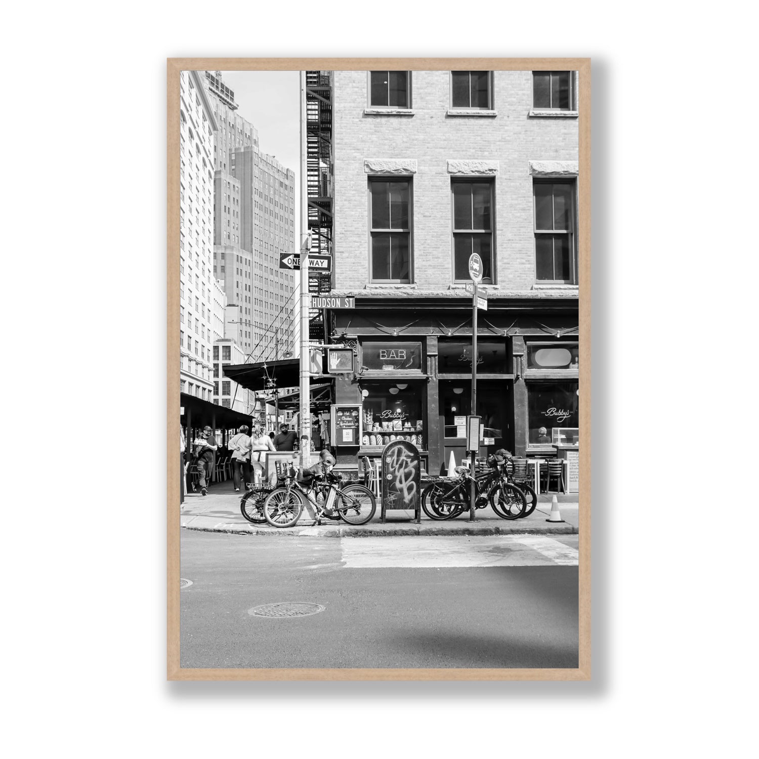 Bites Of The Big Apple New York NYC Black & White wall art Statement full-bleed fine art print in natural oak frame