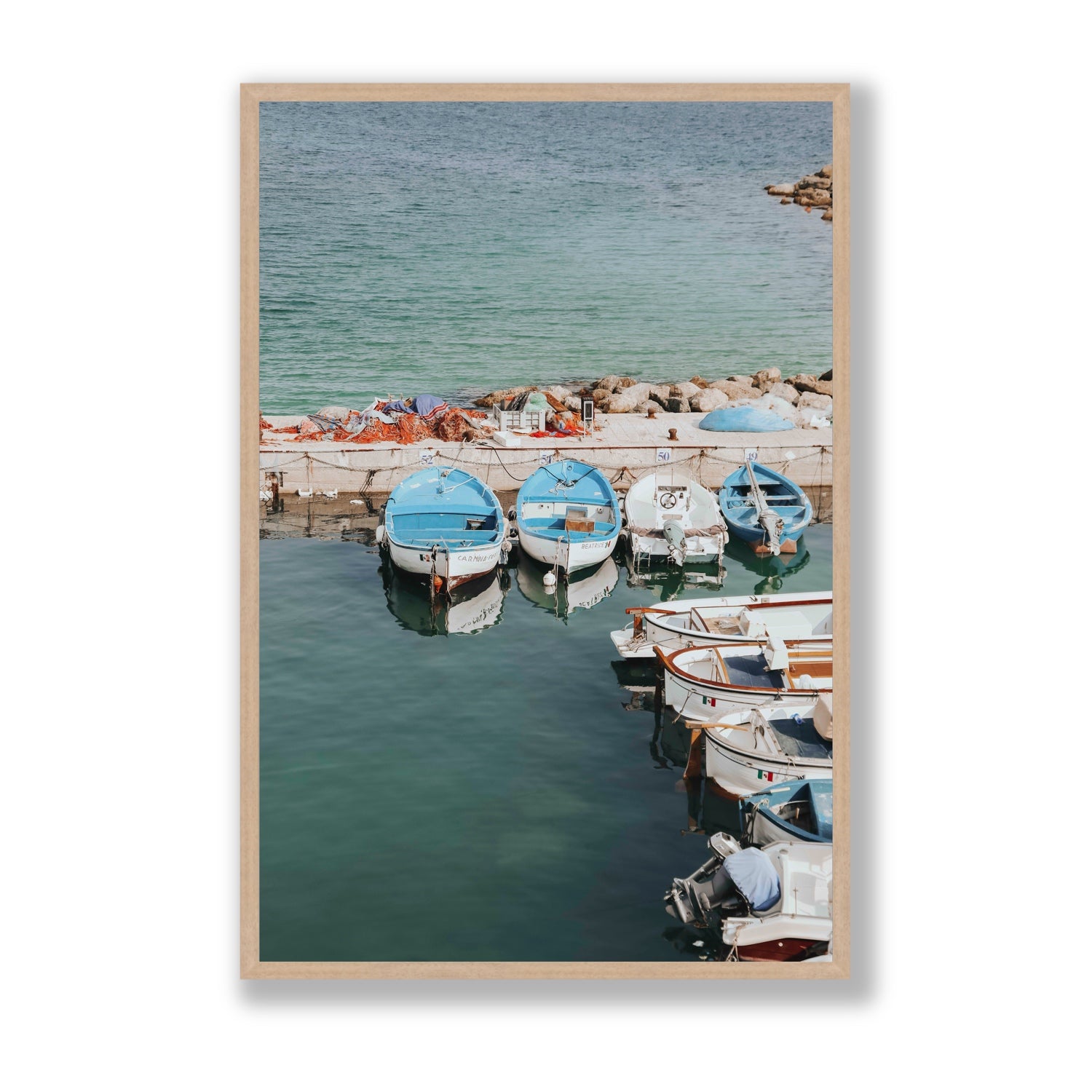 Maritime Memories Puglia Harbour Reflections coastal wall art Statement full-bleed fine art print in natural oak frame