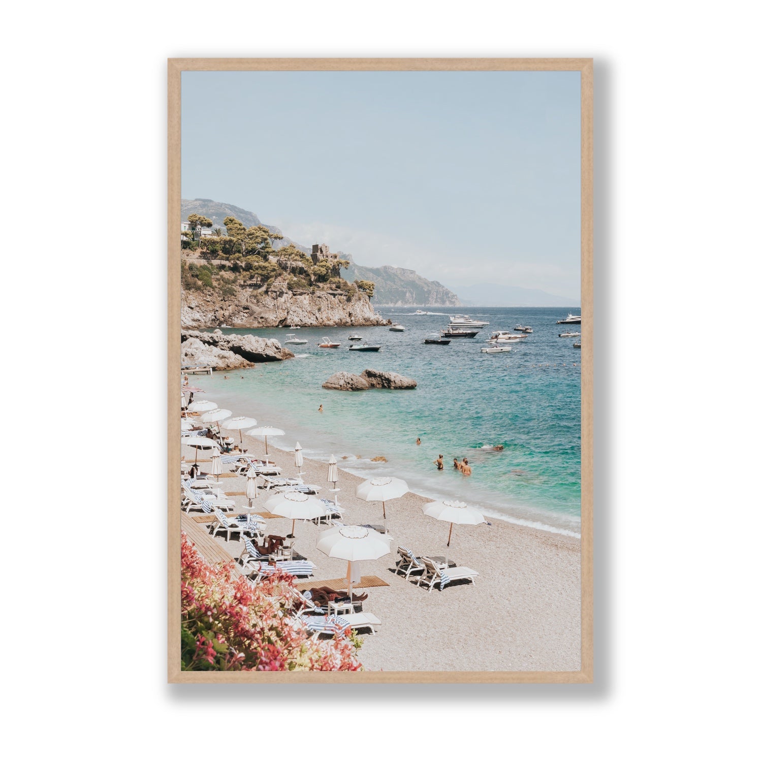 Seaview Refuge Amalfi coastal wall art statement full-bleed fine art print in natural oak frame