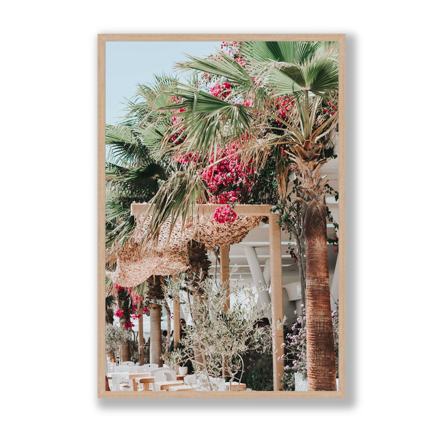 Palm Trees Mykonos Greek island wall art Statement full-bleed fine art print in natural oak frame