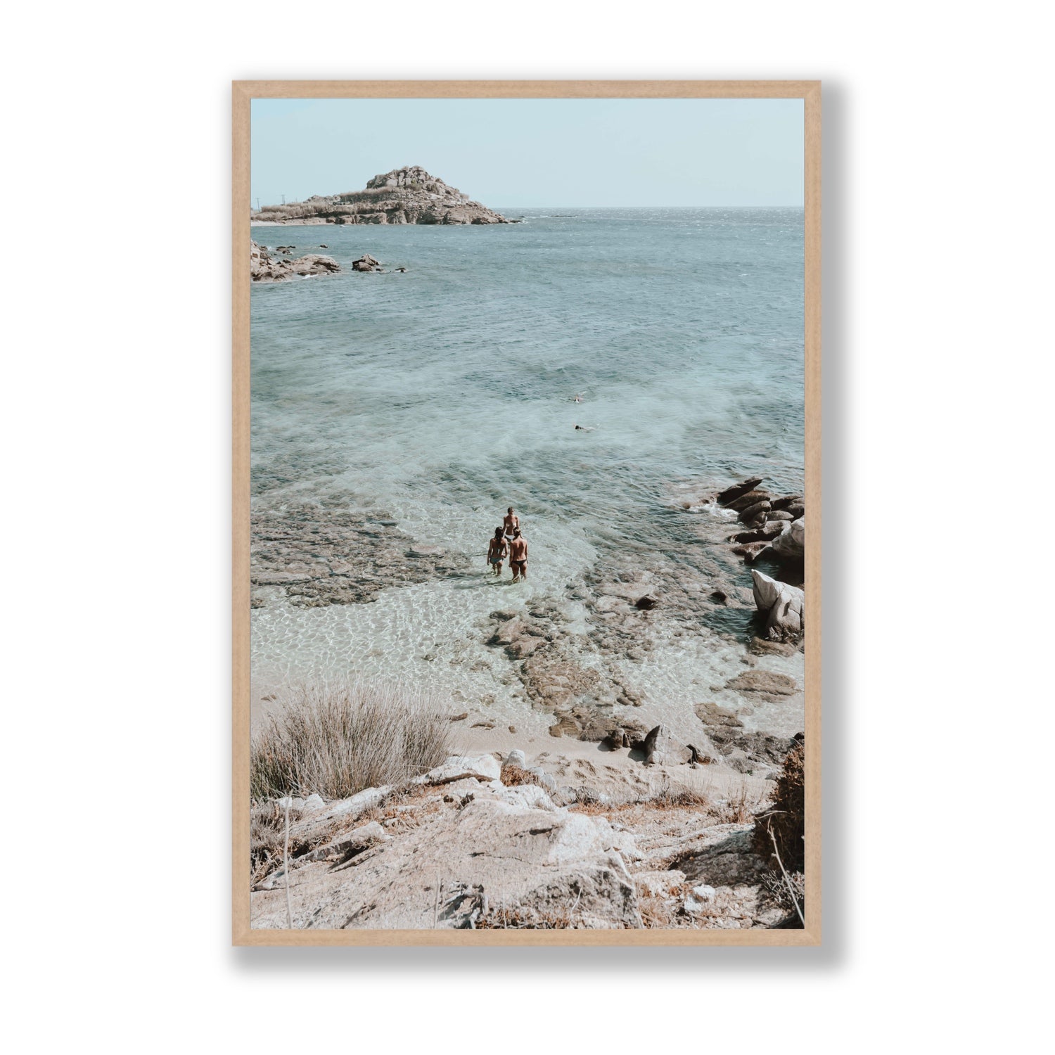Island Life Mykonos coastal Greek island wall art Statement full-bleed fine art print in natural oak frame