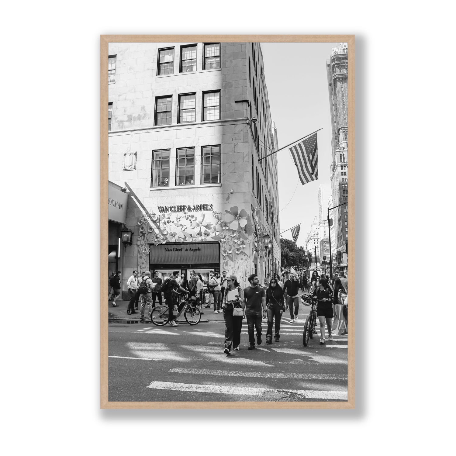 Sidewalk Shuffle New York NYC Black & White wall art Statement full-bleed fine art print in natural oak frame