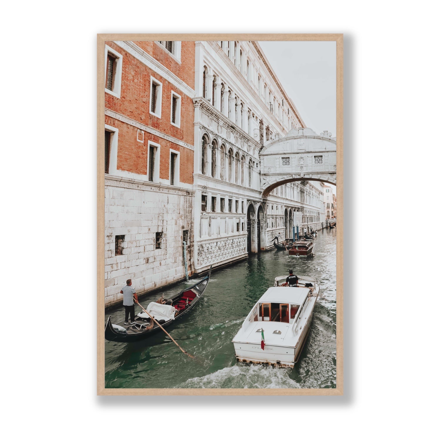 Under the Bridge Venice Gondola Italian wall art Statement full-bleed fine art print in natural oak frame