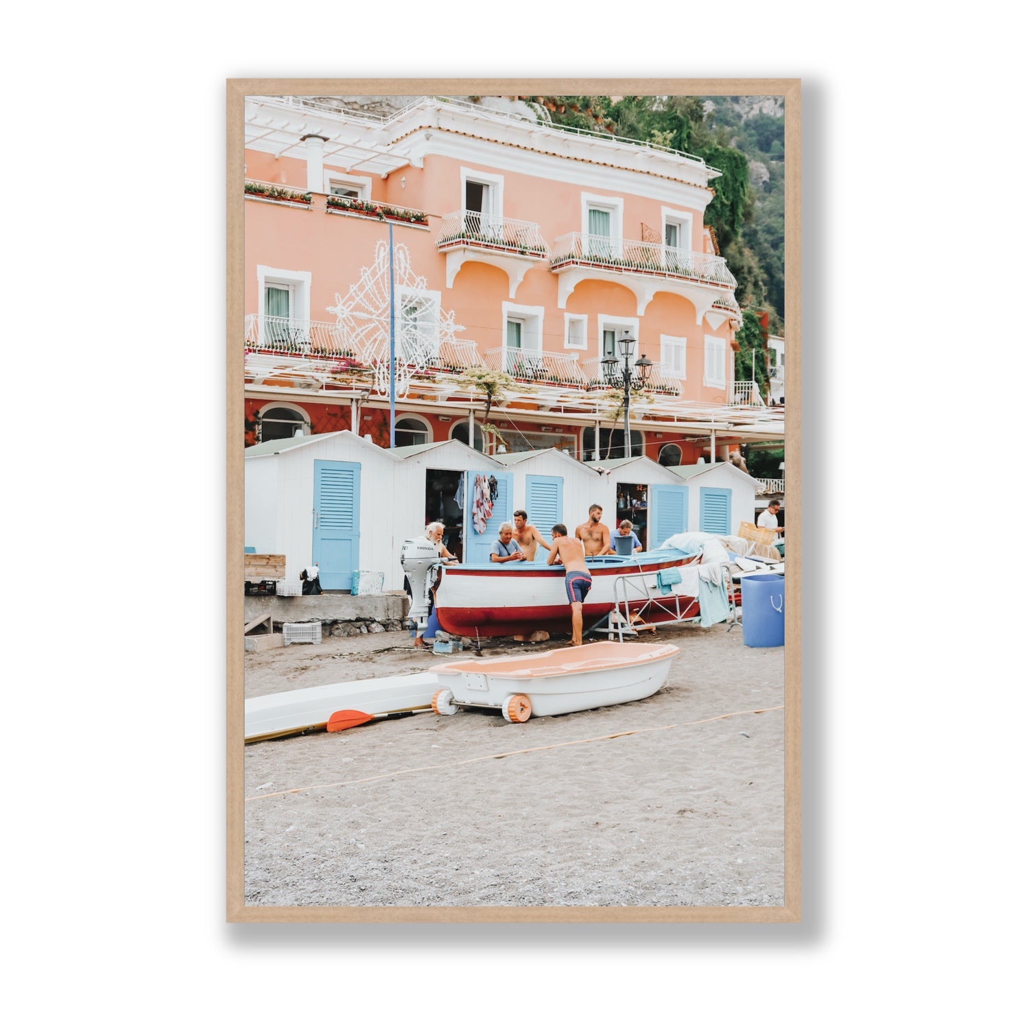 La Riunione della Mattina fine art print, Positano, Italy, Statement, Natural Oak Frame · Full Bleed, Fine Art Print