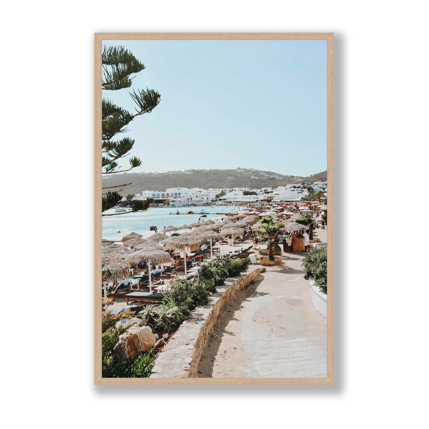 All Roads Lead To The Beach Mykonos Greek island wall art Statement full-bleed fine art print in natural oak frame