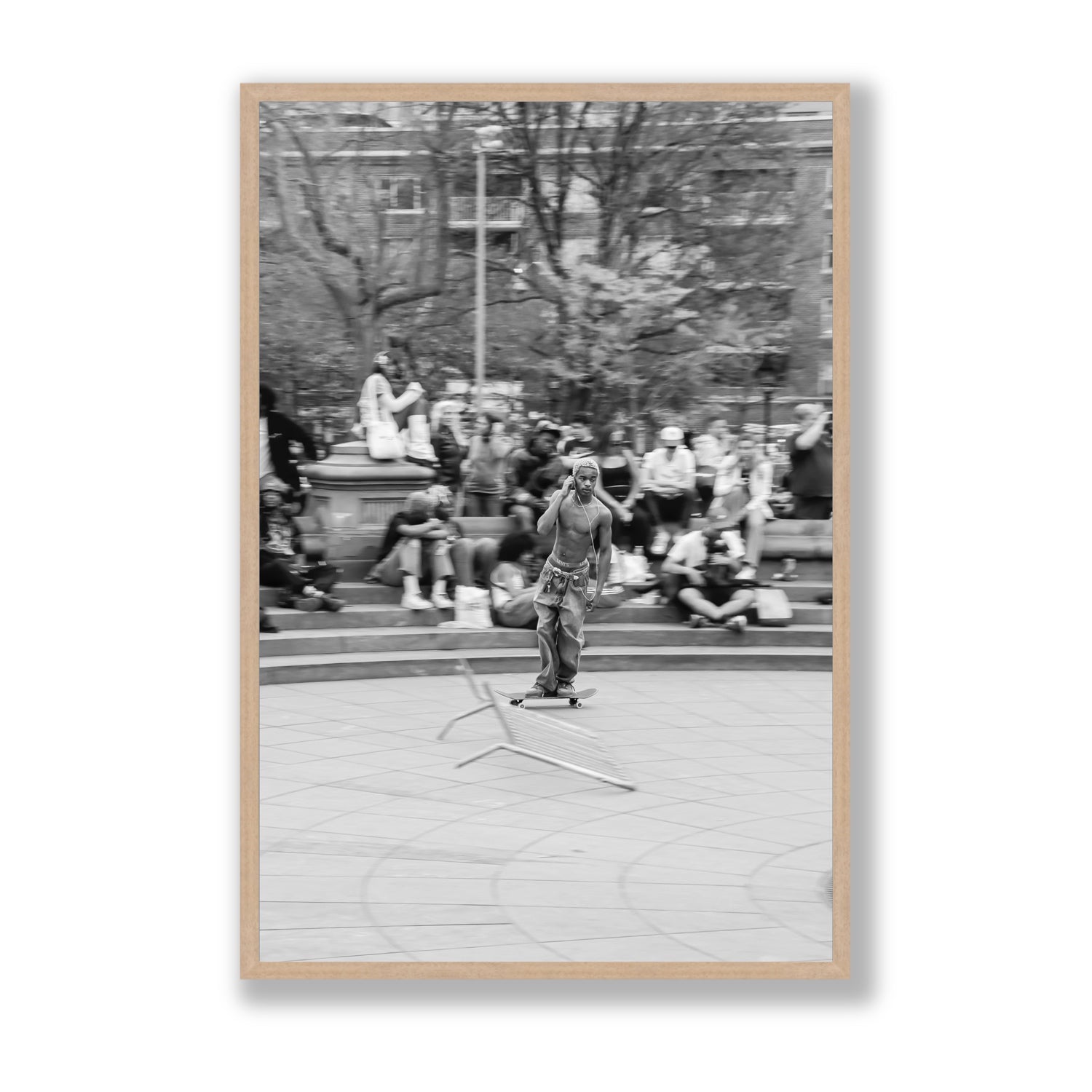 Skate Park Serenade New York NYC Black & White wall art Statement full-bleed fine art print in natural oak frame