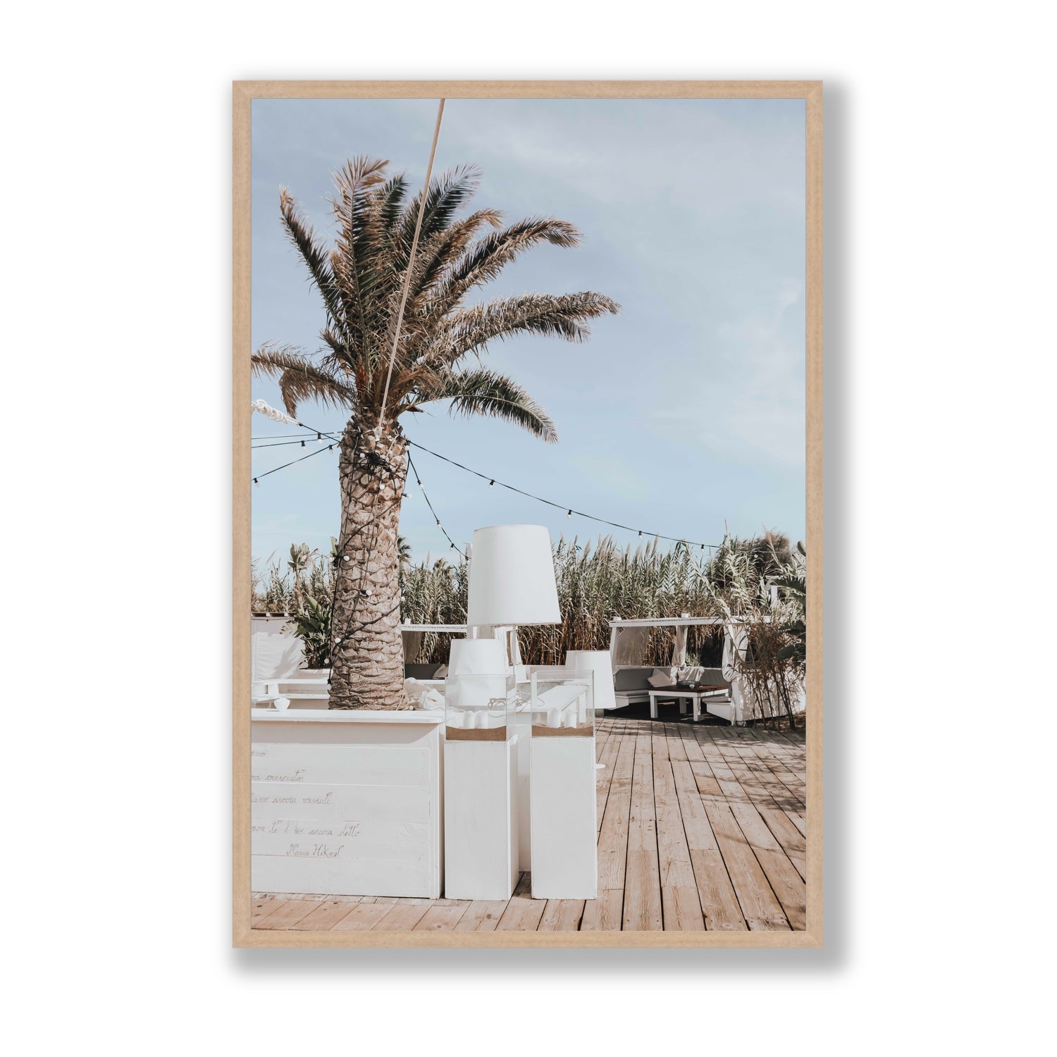 Seabreeze Palm Puglia coastal beach wall art Statement full-bleed fine art print in natural oak frame