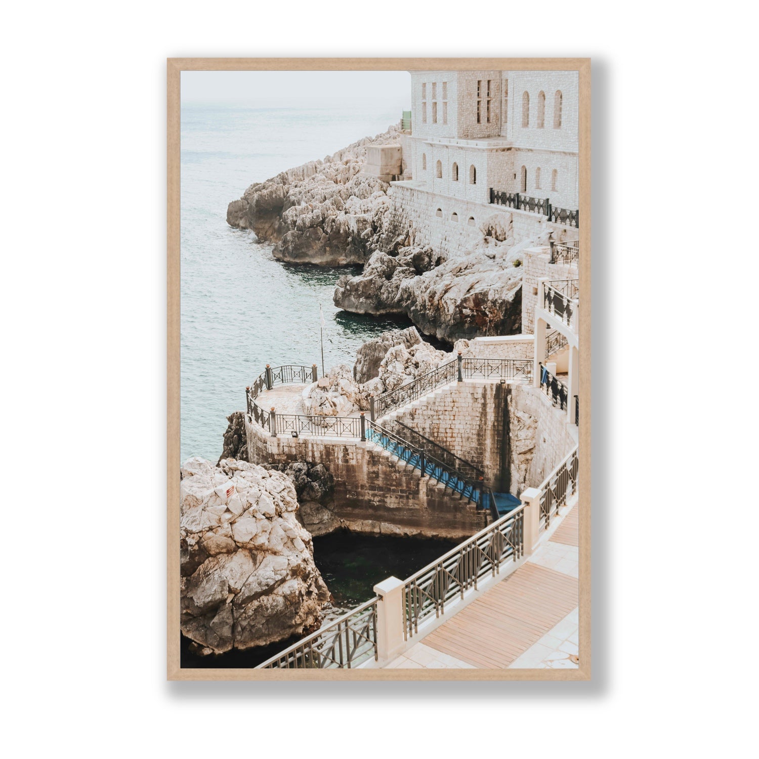 Wellness Centre Puglia coastal wall art Statement full-bleed fine art print in natural oak frame