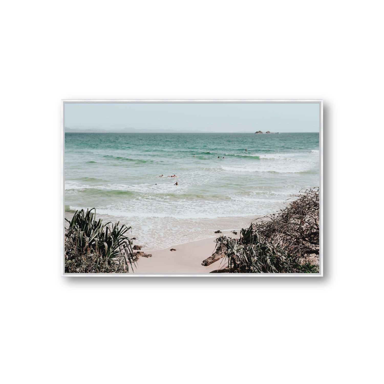 Surf City Byron Bay Surf coastal wall art Giant fine art canvas in white float frame