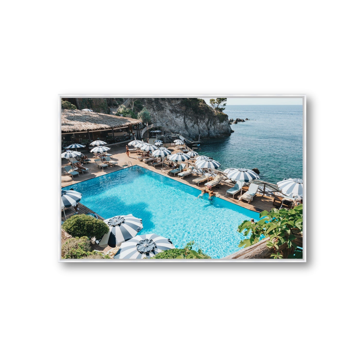 Oceanview Ischia Italian coastal wall art Giant fine art canvas in white float frame