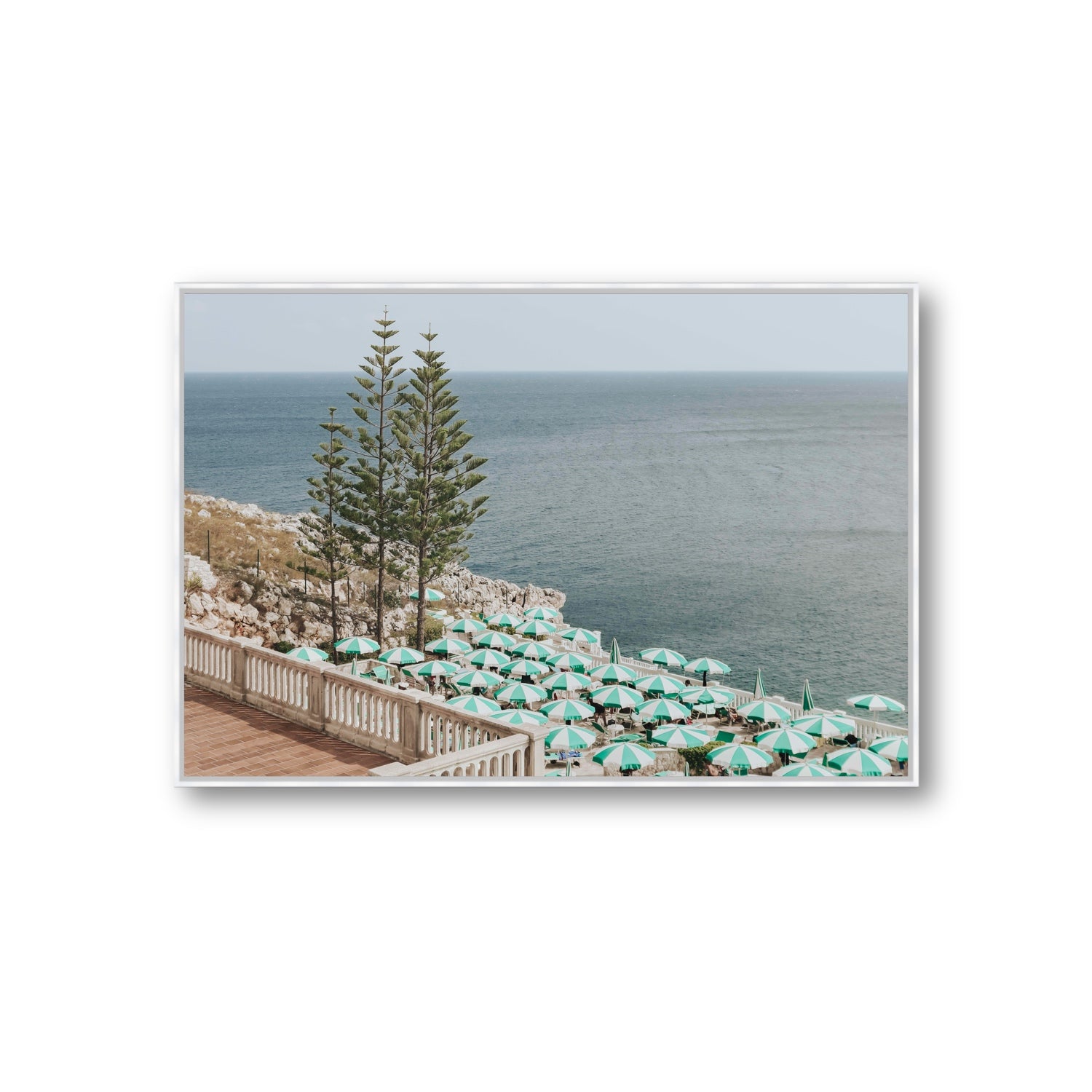 Azure Horizon Puglia beach coastal wall art Giant fine art canvas in white float frame