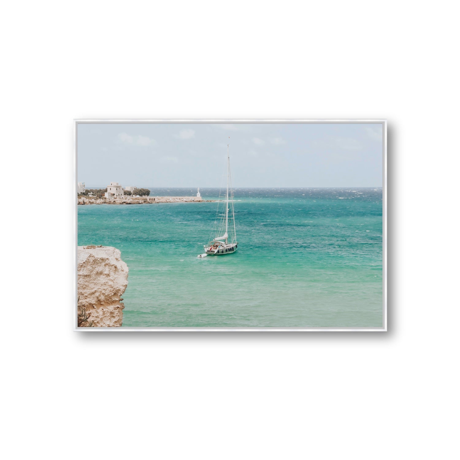 Adriatic Escape Puglia Italian coastal decor wall art Giant fine art canvas in white float frame