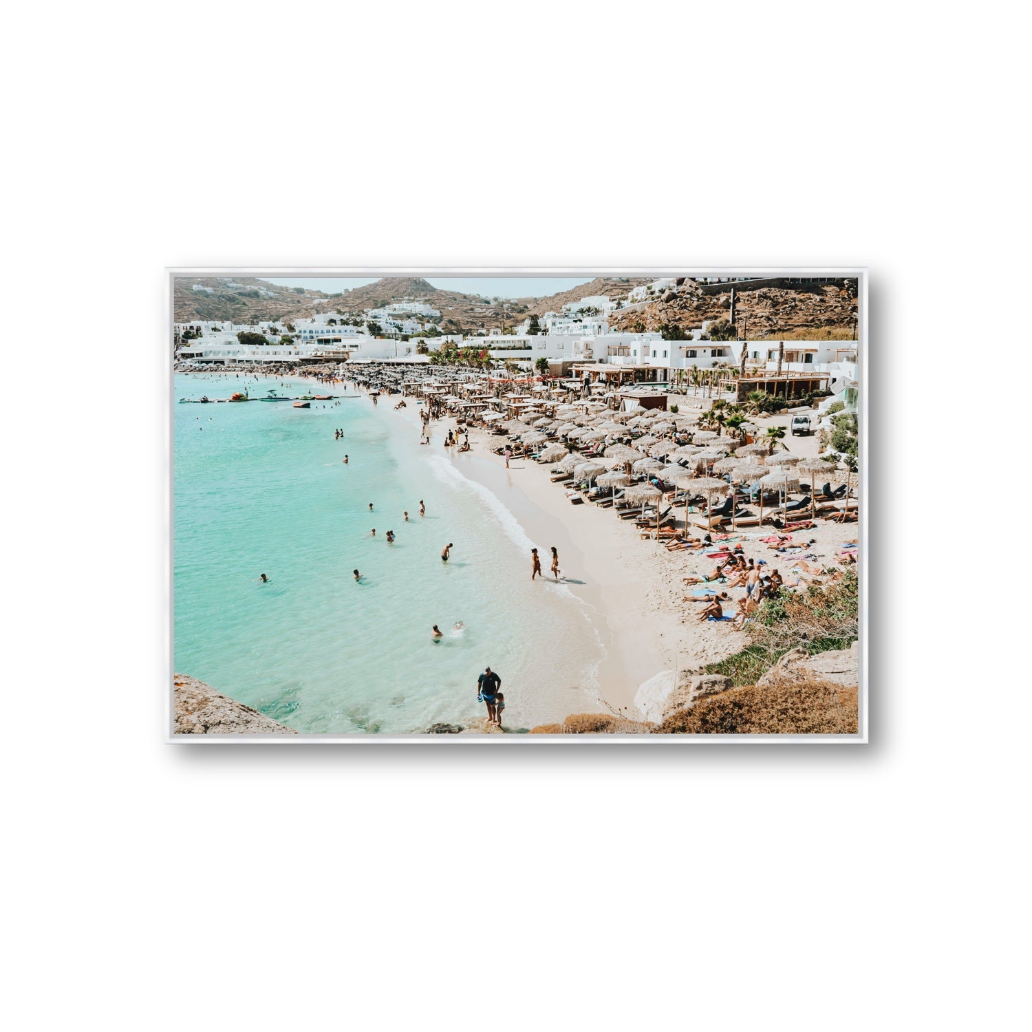 Aquaholic Mykonos Greek island wall art Giant fine art canvas in white float frame