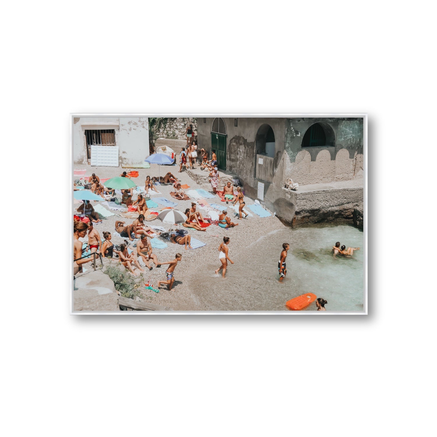 Heatwave Capri beach coastal wall art Giant fine art canvas in white float frame