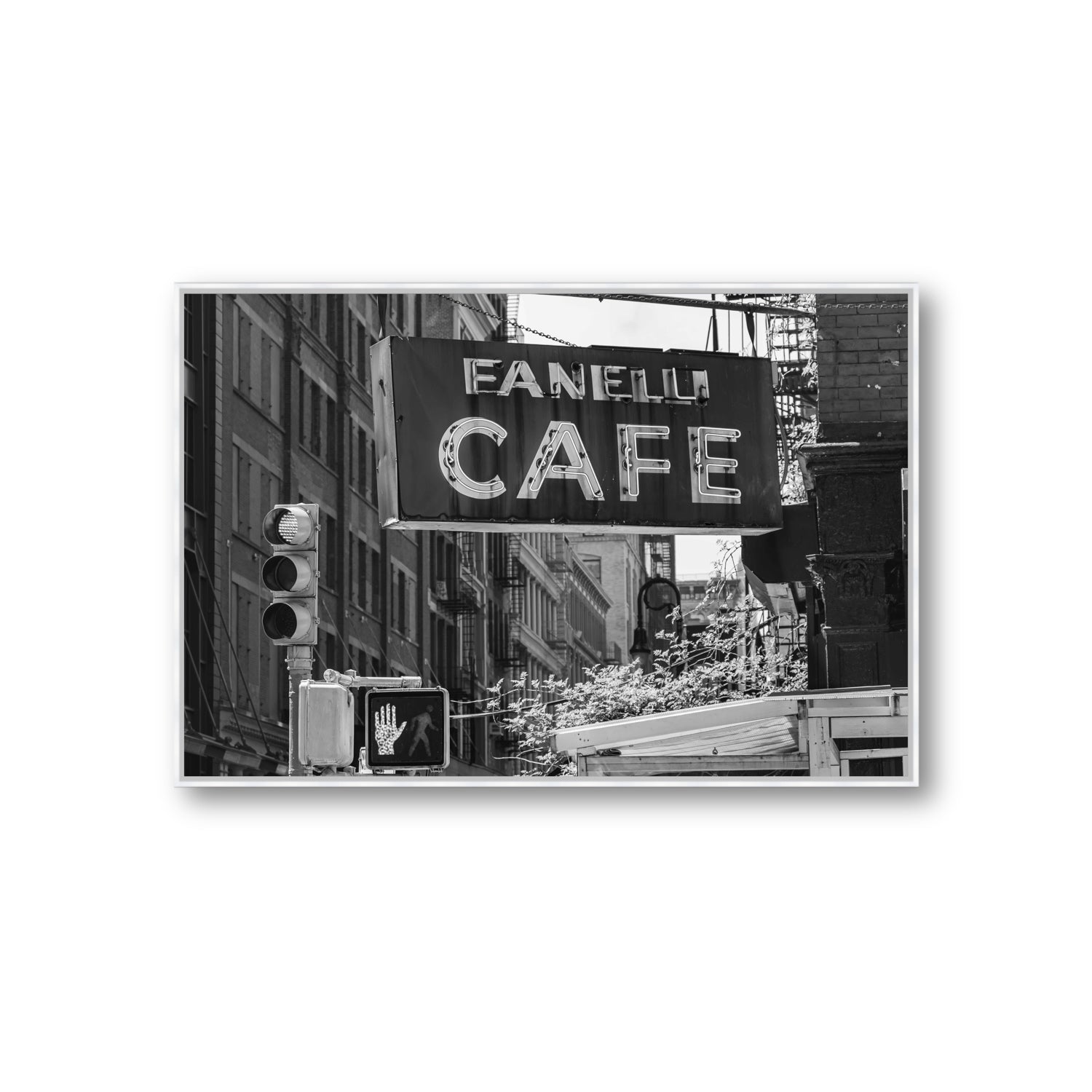 Soho Neon New York NYC Black & White wall art Giant fine art canvas in white float frame