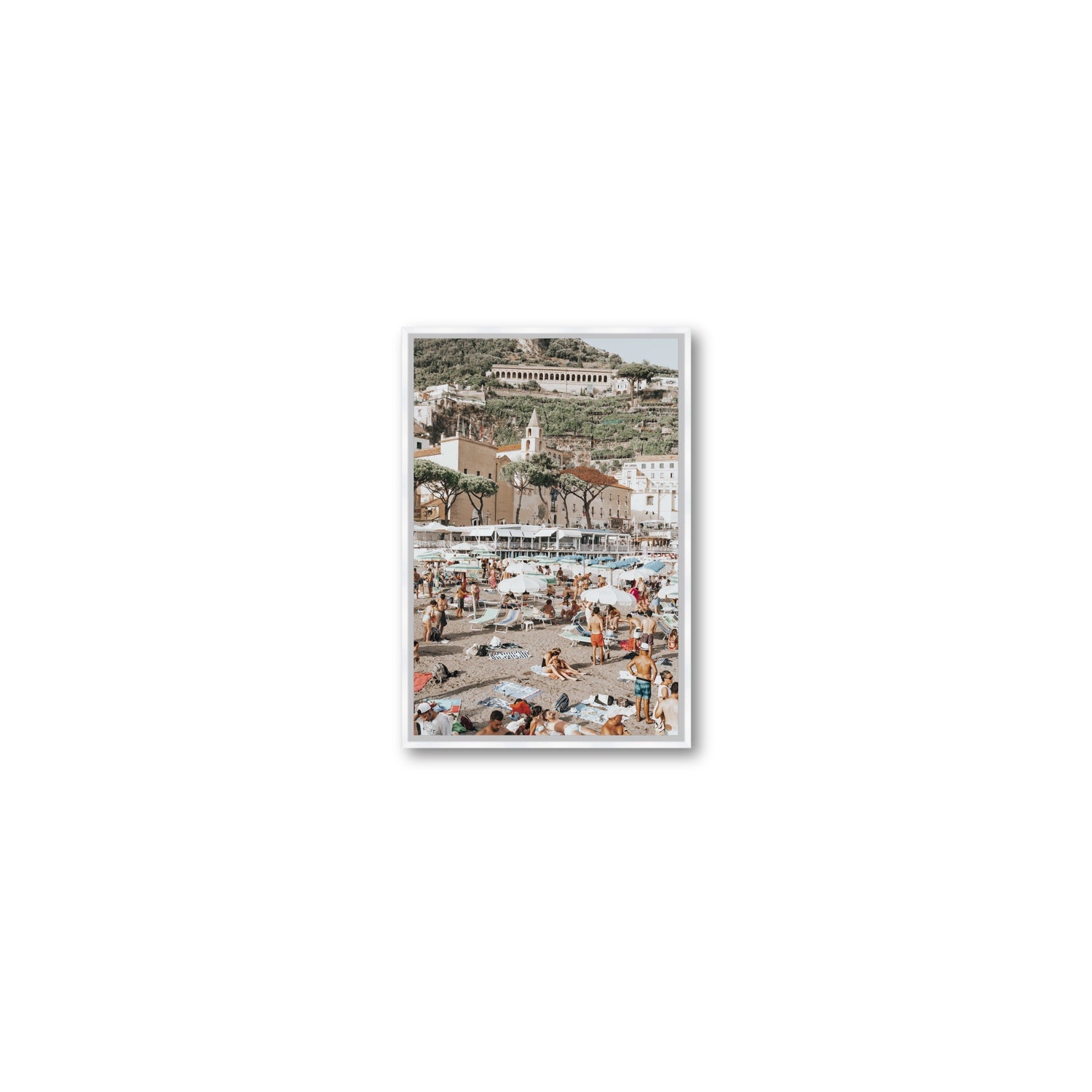 Festa In Spiaggia Amalfi coastal wall art Small fine art canvas in white float frame