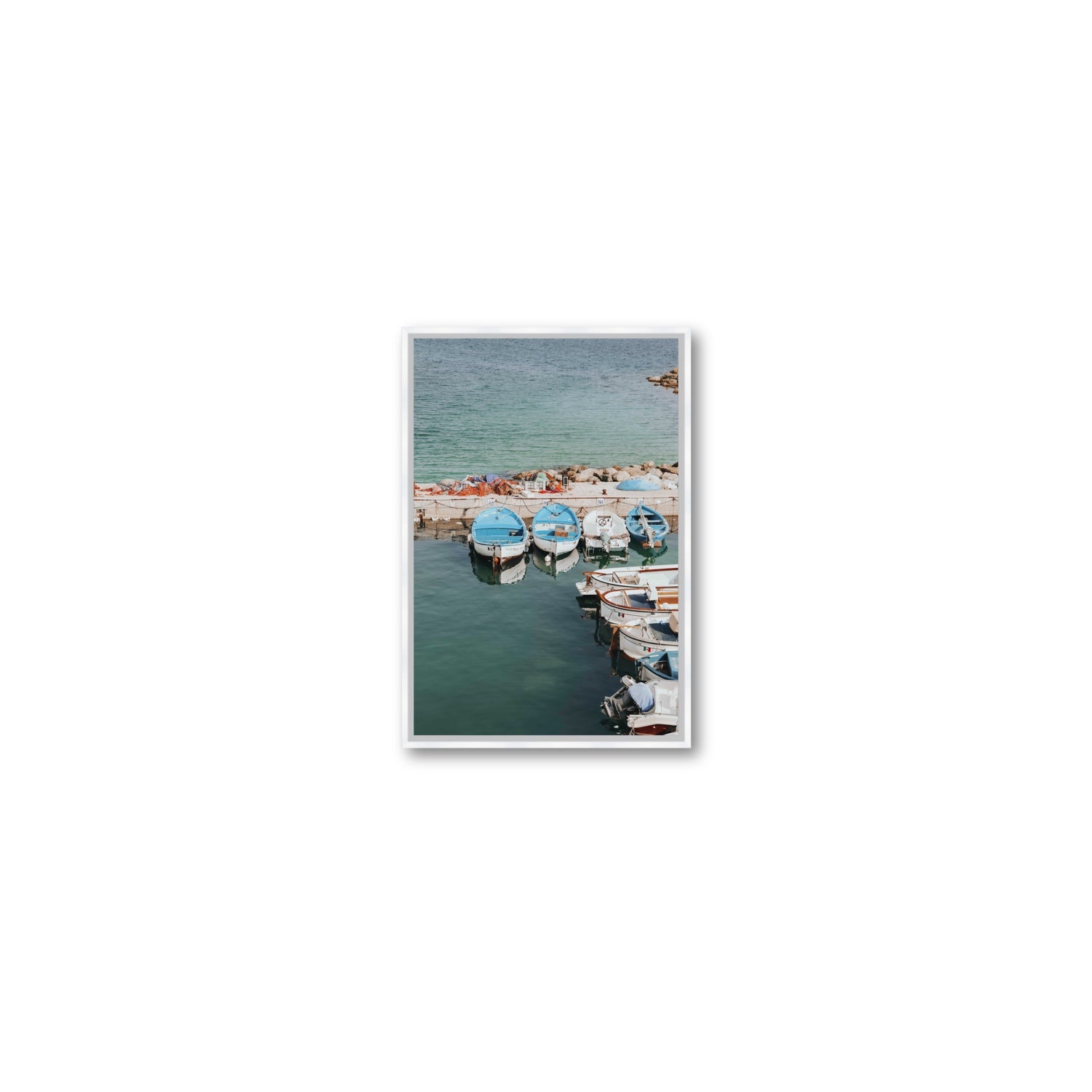 Maritime Memories Puglia Harbour Reflections coastal wall art Small fine art canvas in white float frame