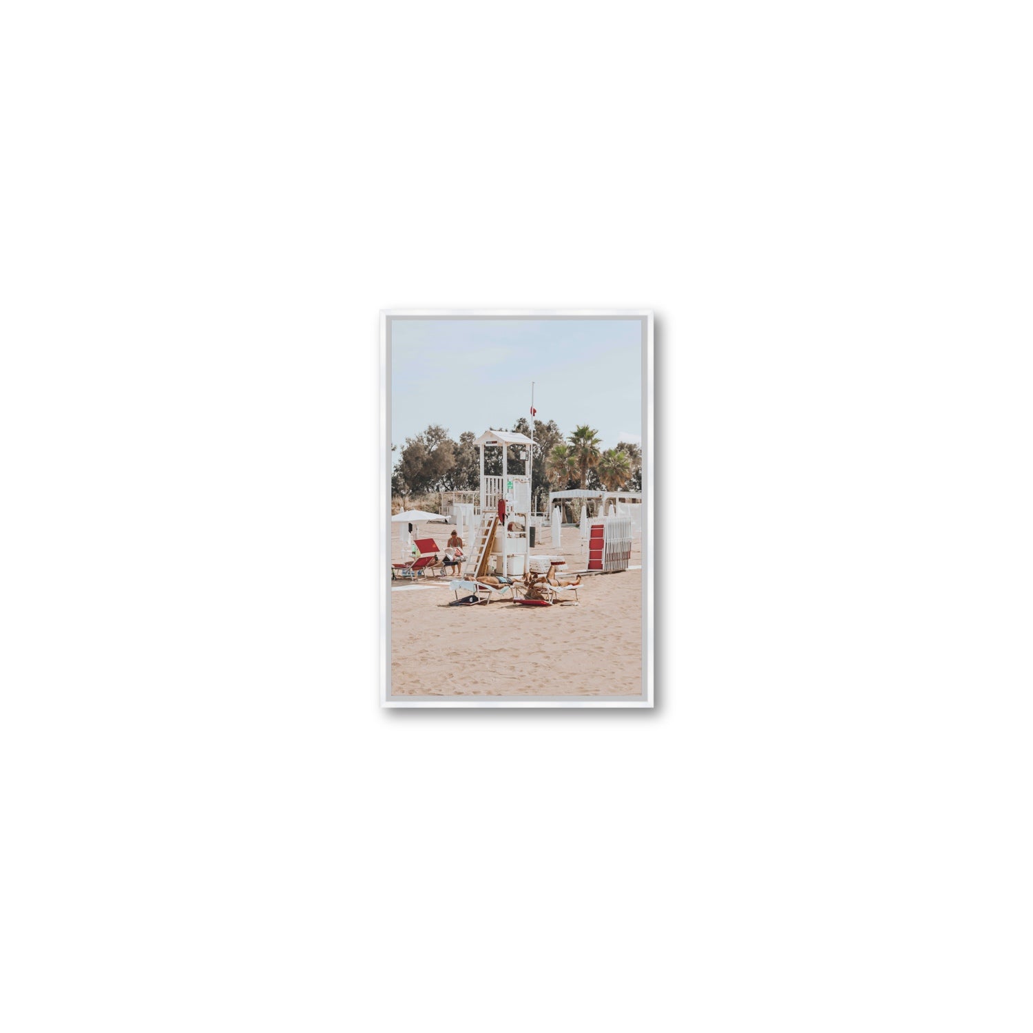 Red Lounge Reverie Puglia beach coastal wall art Small fine art canvas in white float frame