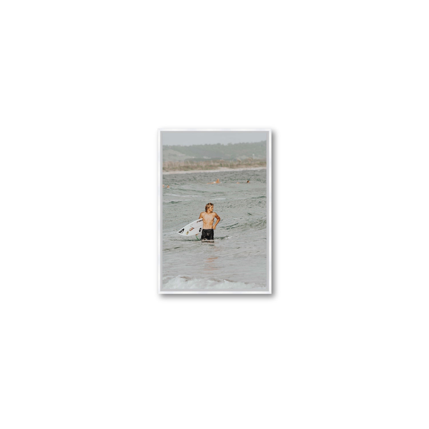Chasing Mavericks Byron Bay Surf coastal wall art Small fine art canvas in white float frame