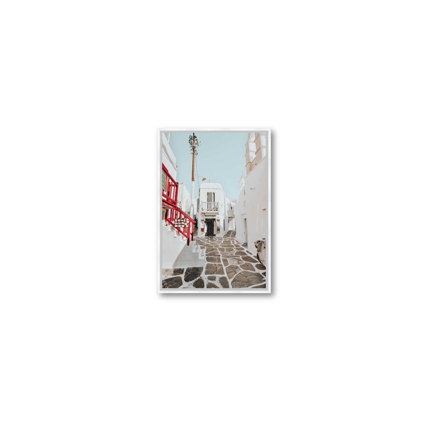 Happiness Mykonos Greek island wall art Small fine art canvas in white float frame